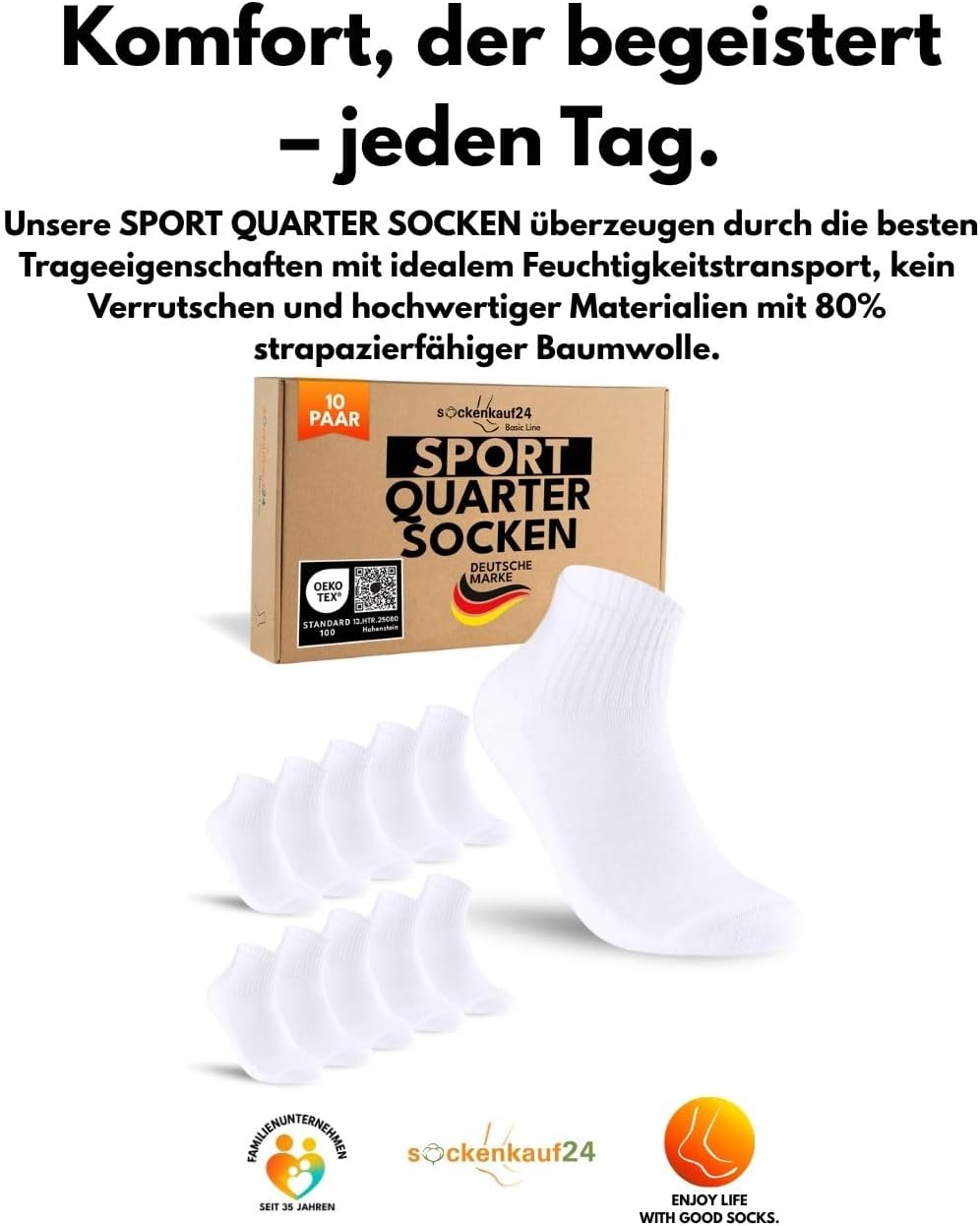 Detalle 2 de sockenkauf24 10 Paar kurze Sportsocken (Quarter) – atmungsaktive Tennissocken aus Baumwolle für Damen & Herren
