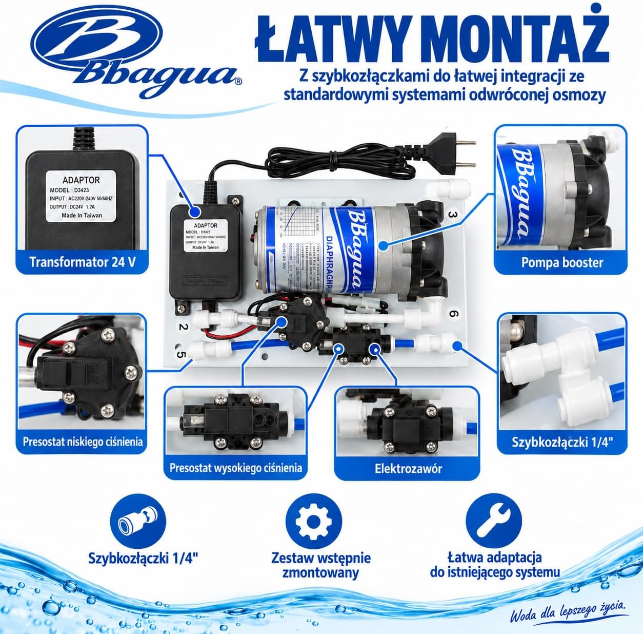 Detalle 1 de Bbagua zestaw pompy ciśnieniowej do osmozy z presostatami i transformatorem