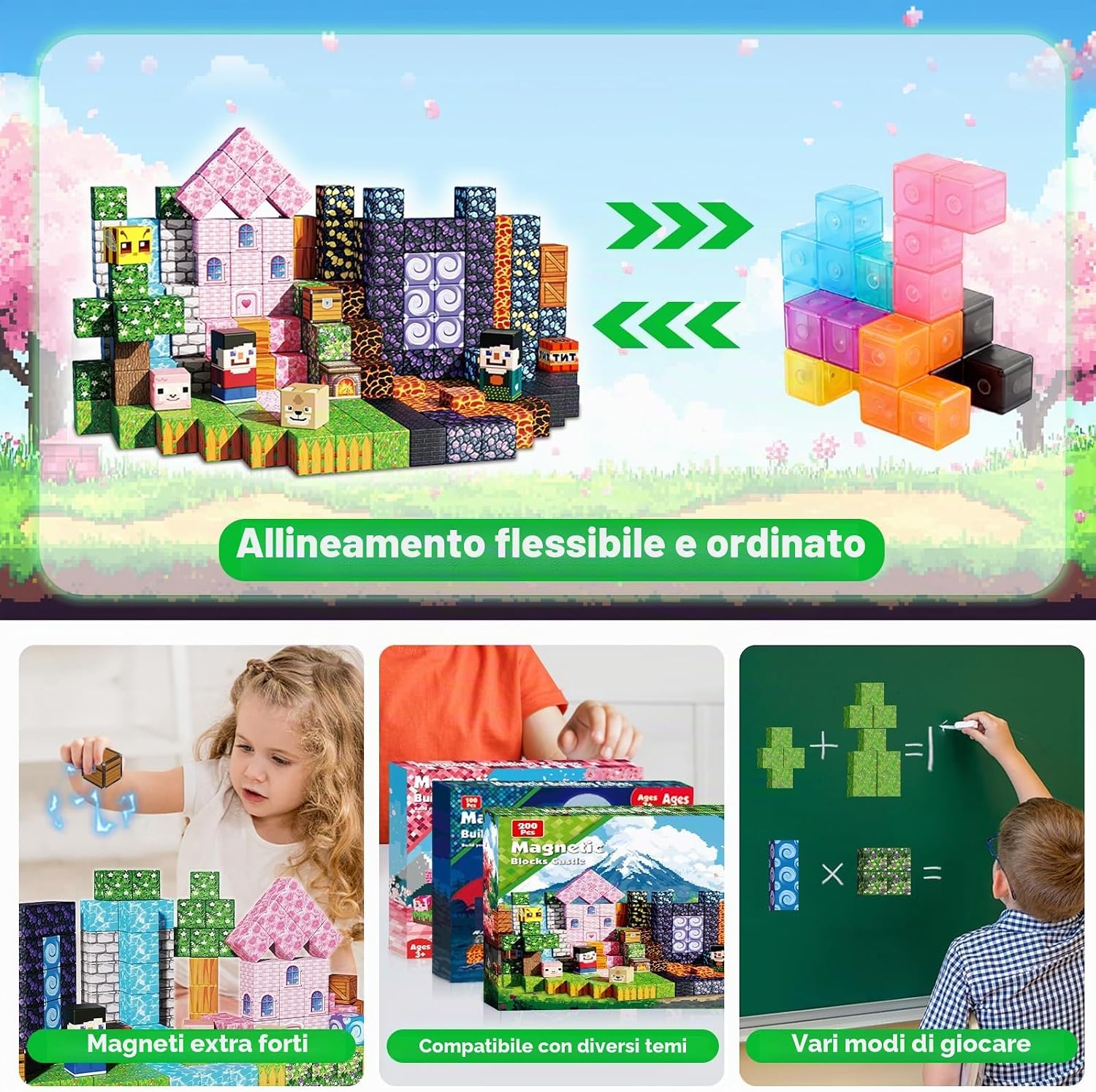 Thumbnail 4 de GraceDuck Costruzioni Magnetiche: 200 Blocchi per Foresta Oscura e Castello Rosa, Montessori per bambini 3–9 anni