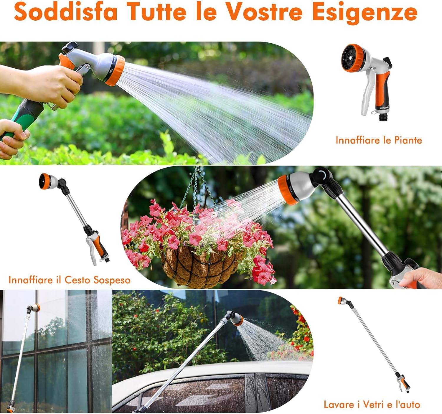 Thumbnail 5 de RESTMO Pistola Irrigazione Giardino: 7 Modelli in Metallo con Controllo Flusso e Connettore Rapido