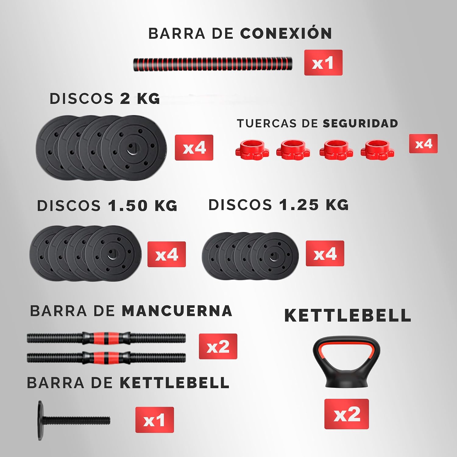 Detalle de JUPPLIES Juego 4 en 1: Mancuernas Ajustables + Kettlebell, 20–40 kg