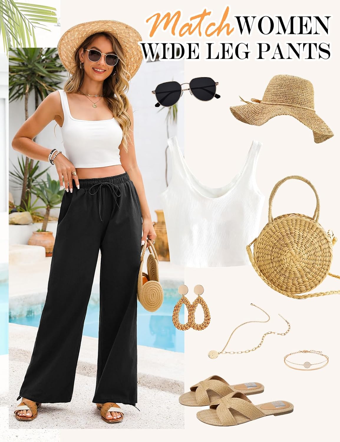 Thumbnail 5 de Niwicee Pantaloni donna estivi in cotone 100% con coulisse e tasche, palazzo larghi leggeri