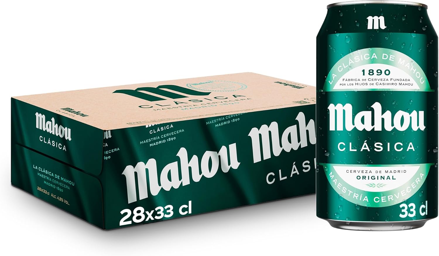 Detalle 1 de Mahou Clásica Pack 24 Latas 33cl 🍻, Sabor Suave y Refrescante