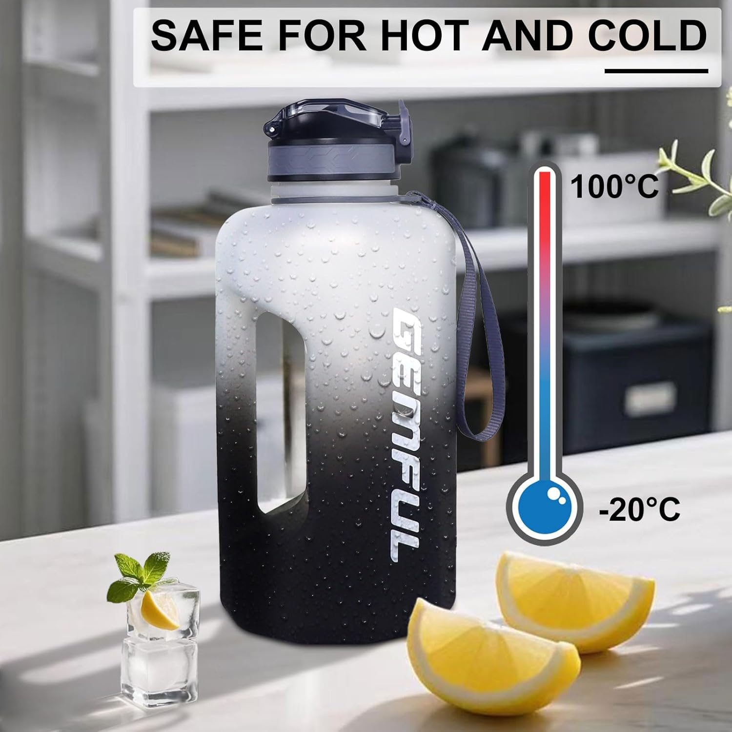 Thumbnail 2 de GEMFUL 2.2L Big Water Bottle with Straw and Time Marker – Leakproof, BPA-Free, White/Black