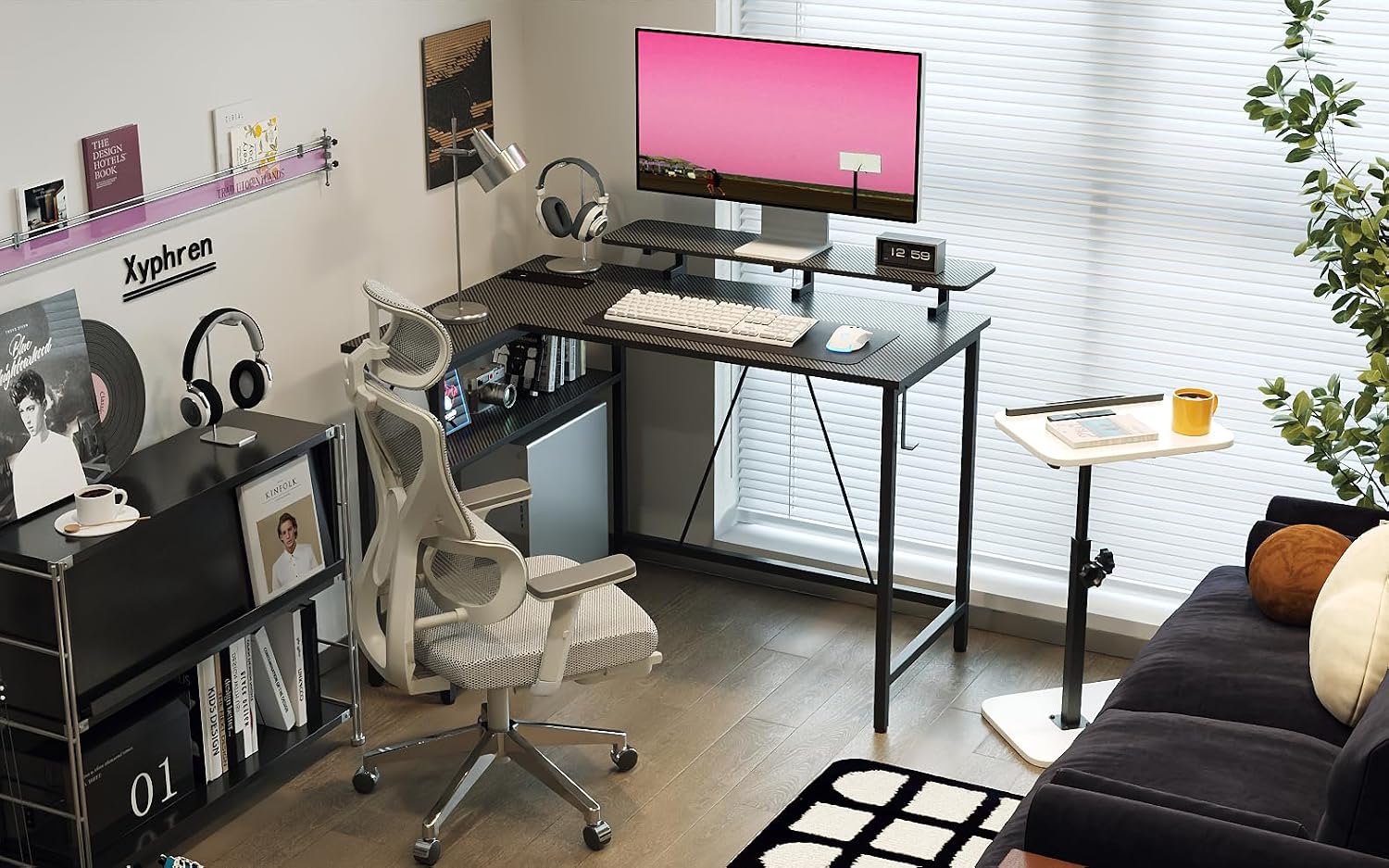 Detalle de Xyphren L Shaped Gaming Desk with RGB LED Lights, Power Outlets & Adjustable Shelves (Carbon Black)