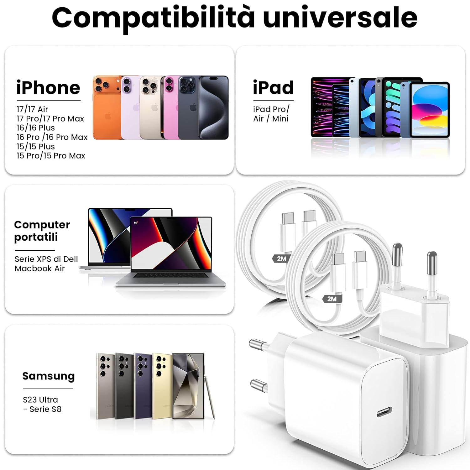 Thumbnail 3 de Caricatore USB C con cavo USB-C a C da 2 m (2 pezzi) PD 20W – compatibilità ampia per iPhone, iPad e Galaxy