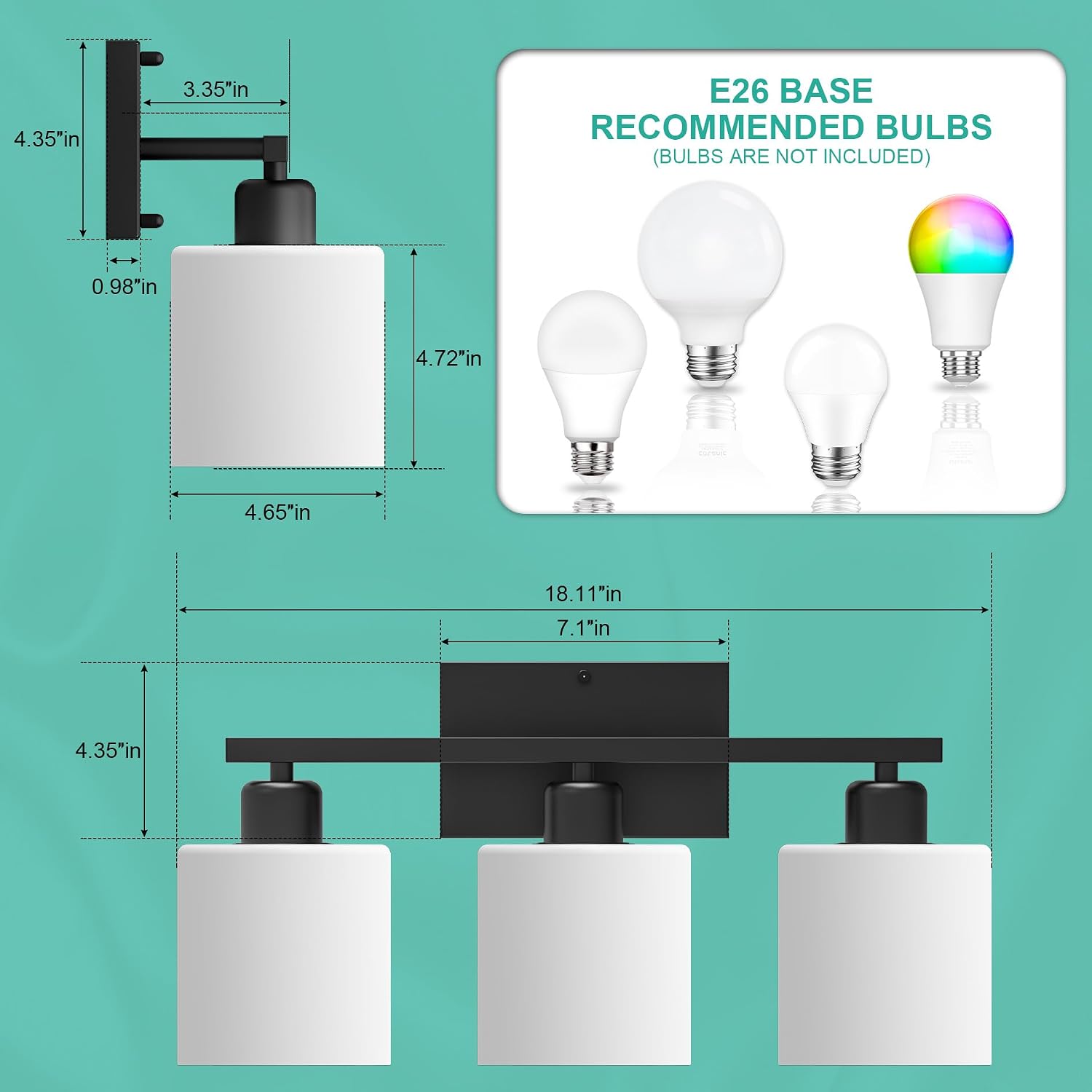 Detalle de Dekang 3-Light Black Bathroom Vanity Light with Milky White Glass Shades