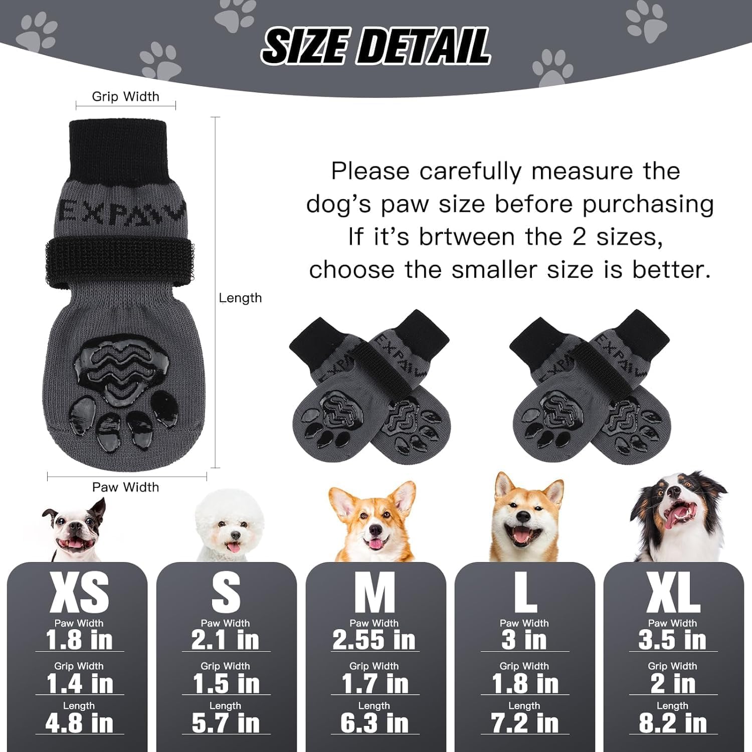 Detalle de EXPAWLORER Anti-slip Dog Socks with Grips (Gel) — Double-sided paw protectors for hardwood floors, Black, XL