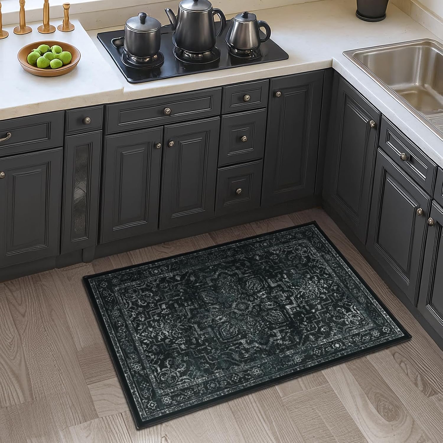 Detalle de Jainmy Distressed Black Kitchen 2x3 Rug — Non-Slip, Washable, Vintage Medallion Entrance Mat