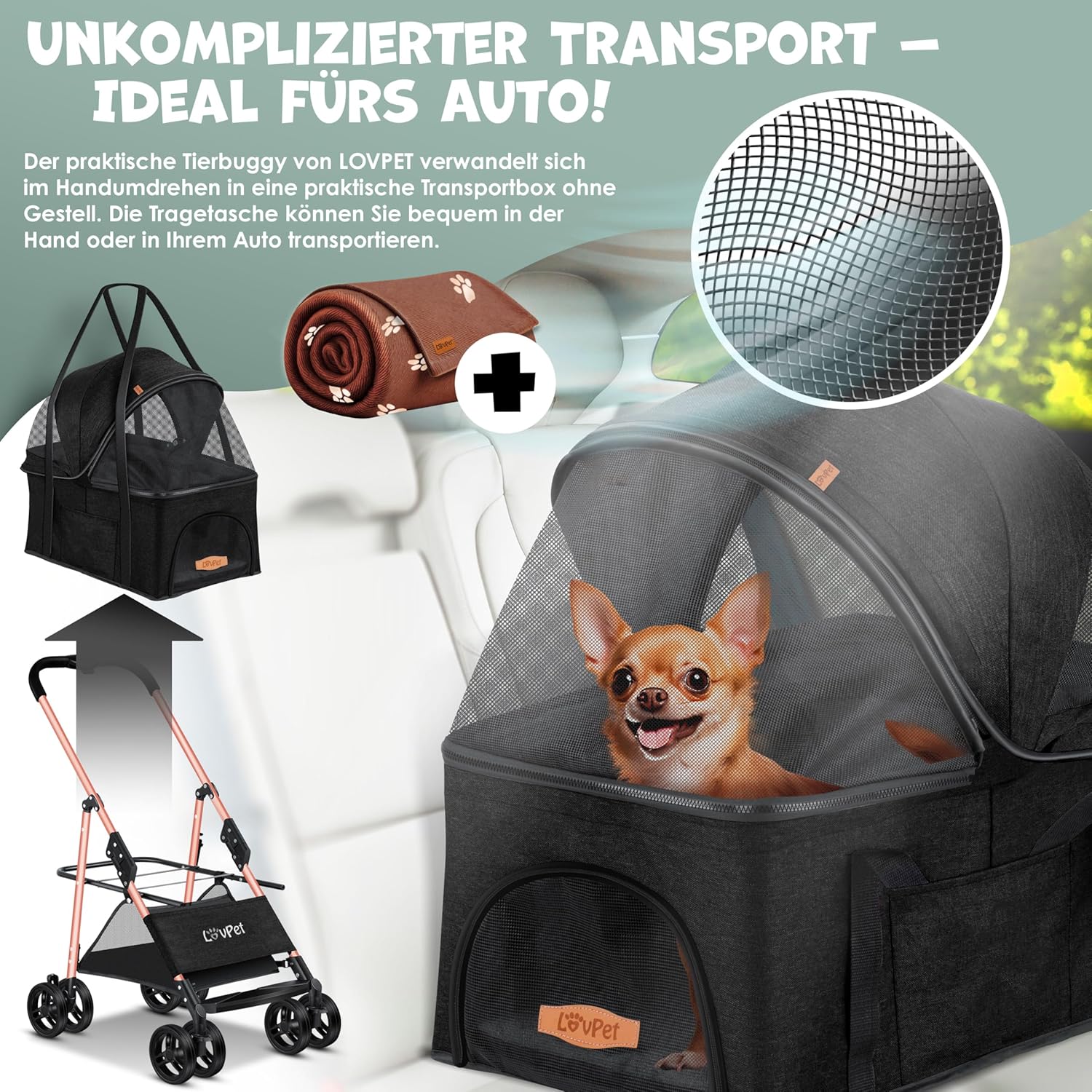 Thumbnail 3 de LOVPET® Hundewagen 2in1 als Hundebuggy & Hundebox, faltbar bis 20 kg, mit 360°-Drehrädern