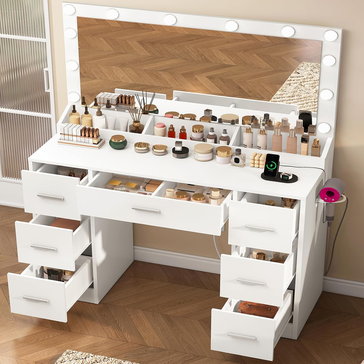 Detalle de FIONESO Vanity Model vanity, 7-Drawer Makeup Desk with 12 LED Lights