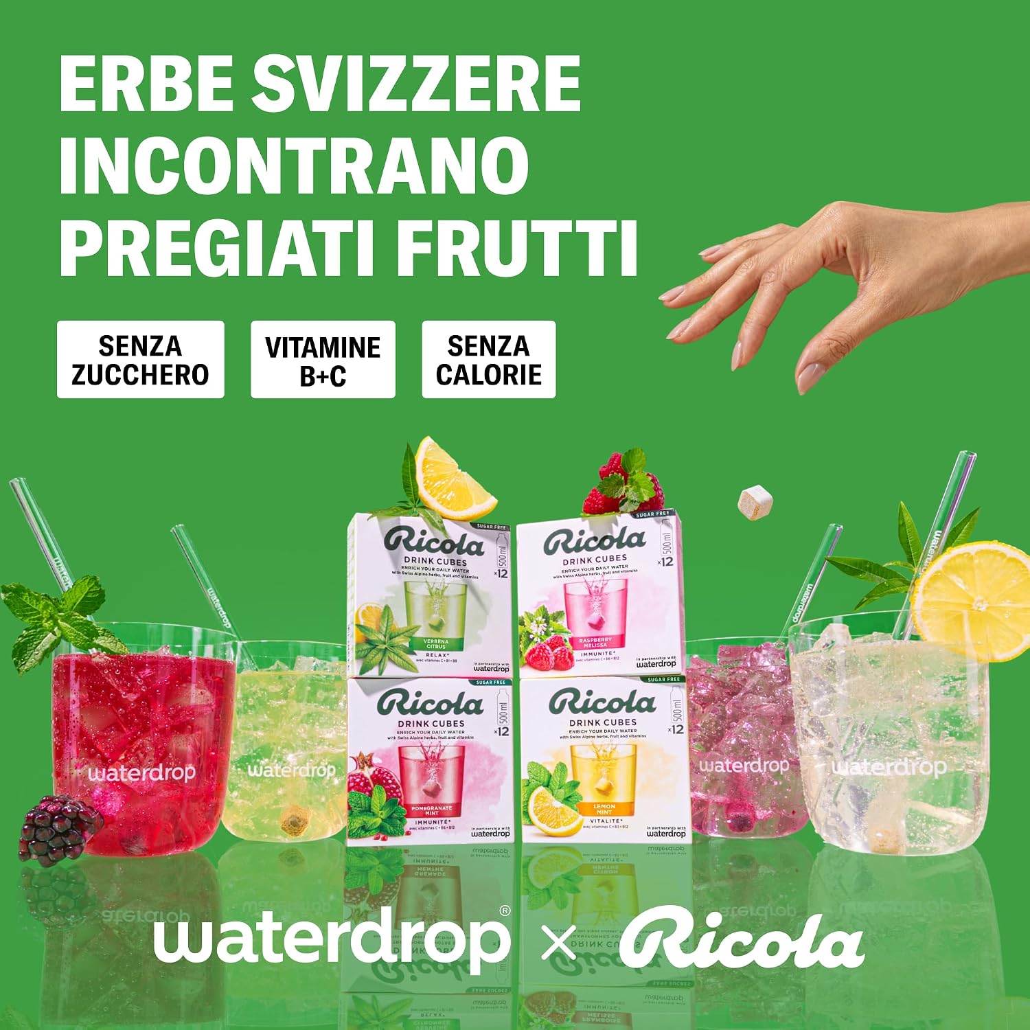 Detalle 2 de waterdrop® x Ricola - 48 Cubetti per Acqua, Pacchetto di Prova 4 Gusti Aromatizzanti