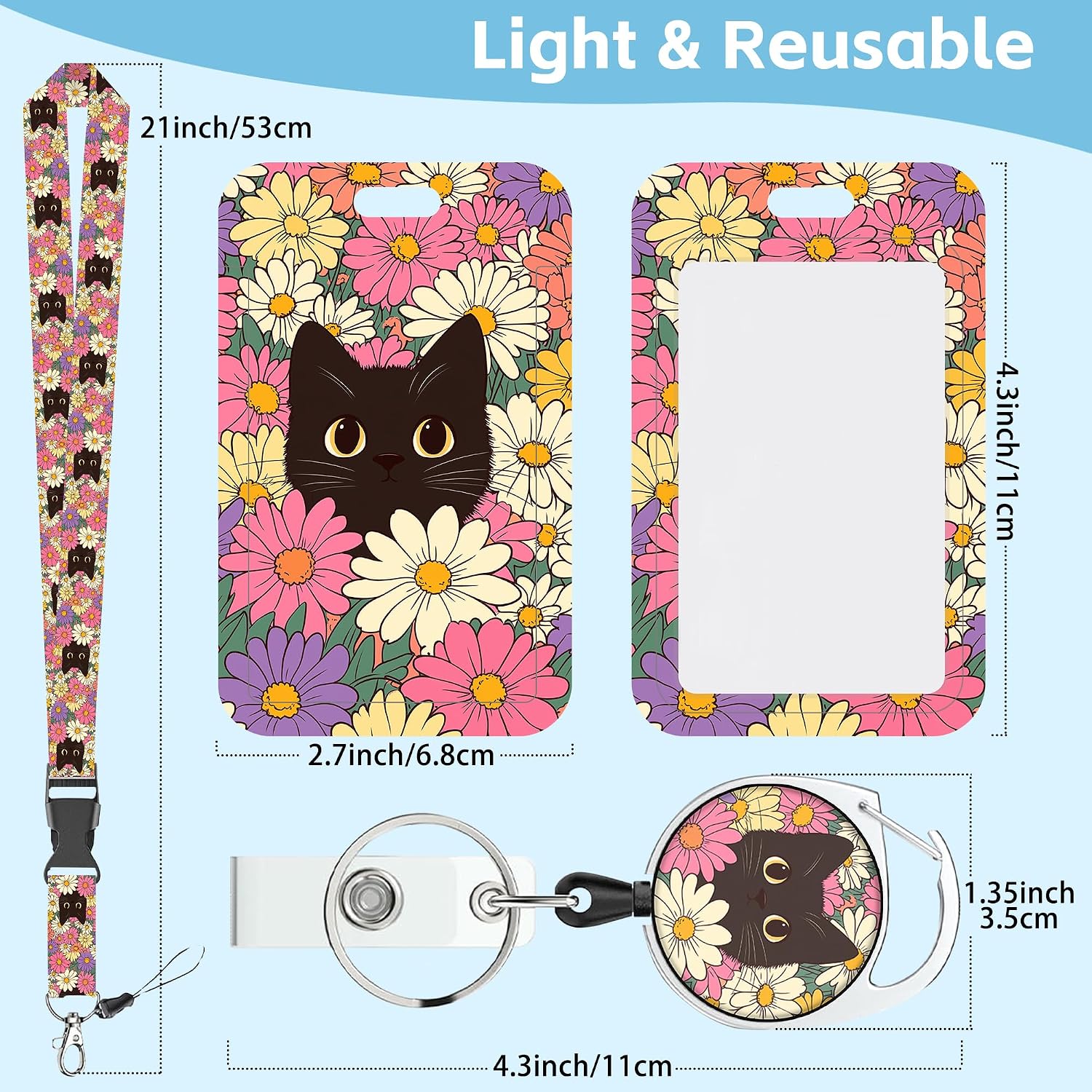 Thumbnail 3 de Retractable ID Badge Holder with Black Cat Flower Design