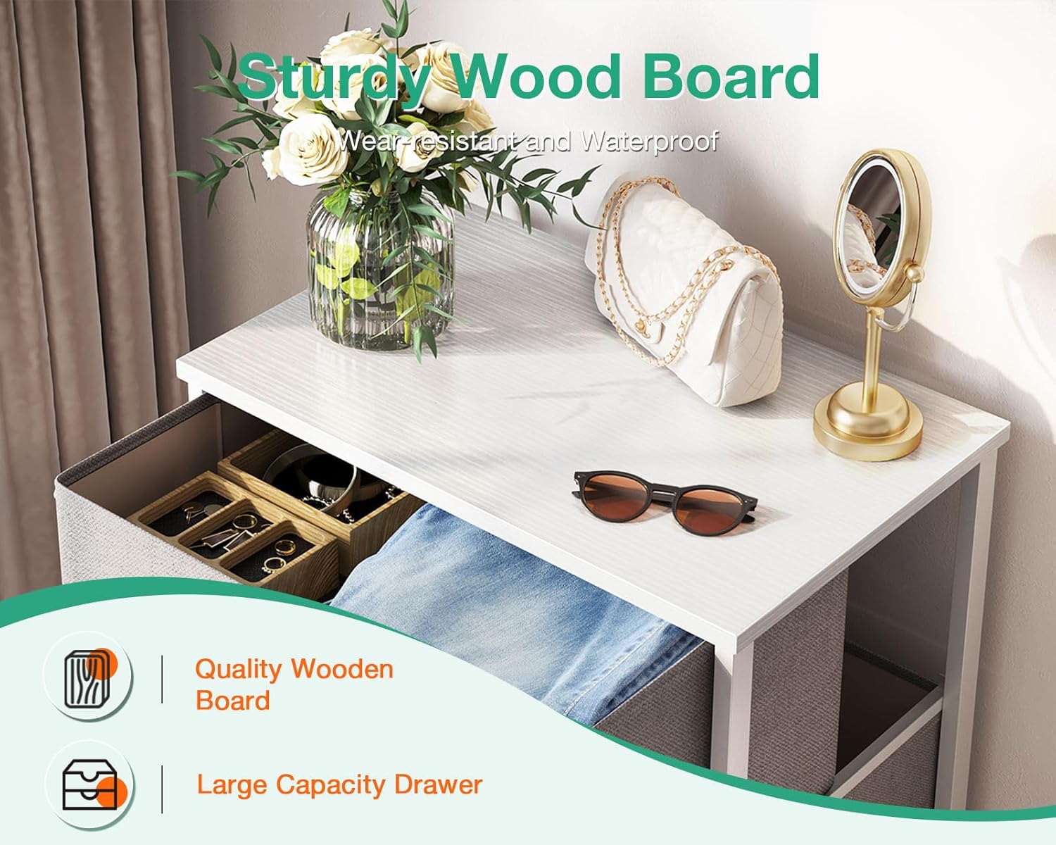 Thumbnail 4 de Coleshome tall chest of drawers (4 fabric drawers) with wooden top, small & narrow unit, light grey, 40 x 30 x 80 cm