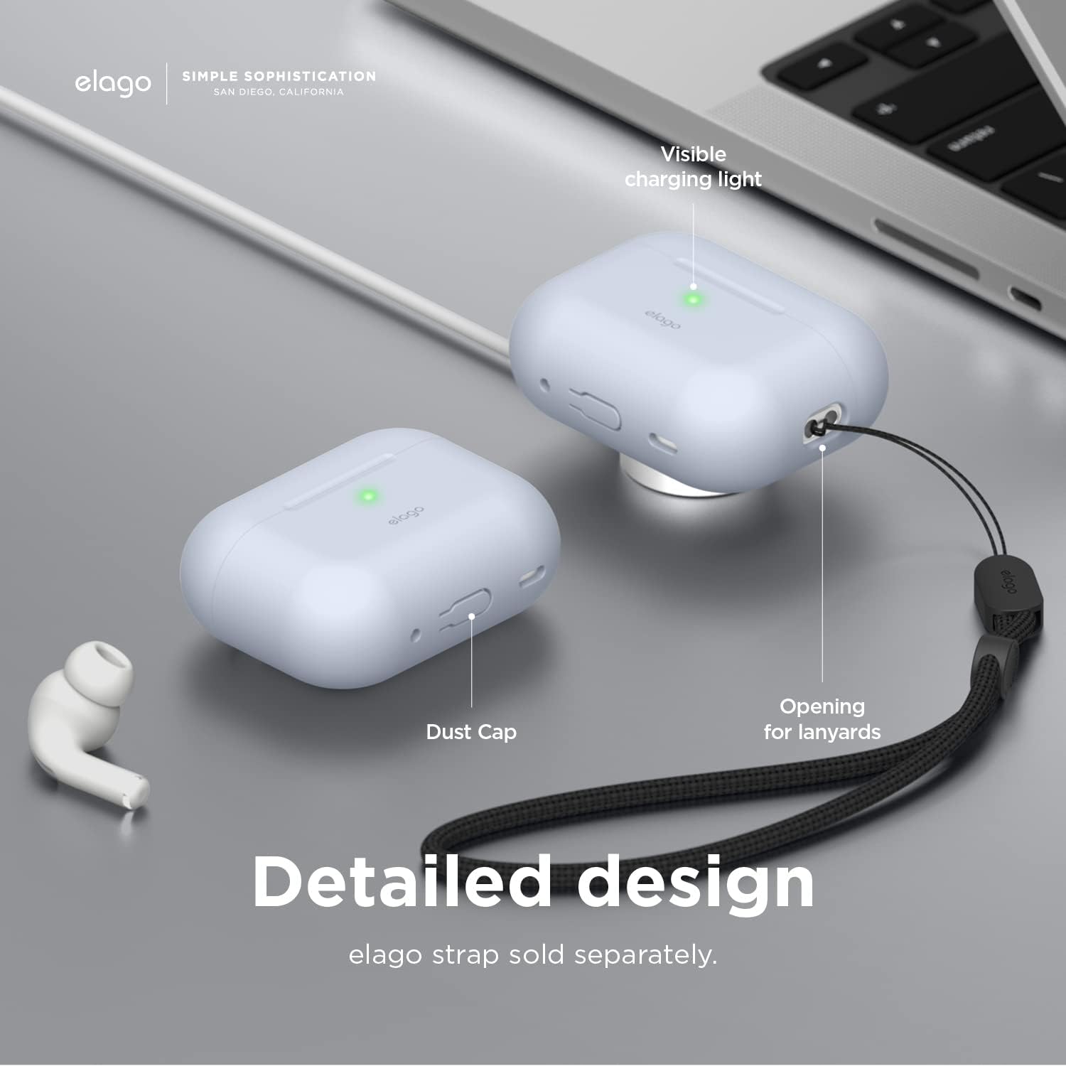 Detalle de elago Coque en silicone pour AirPods Pro (2e génération) avec charge sans fil et LED frontal visible, bleu clair