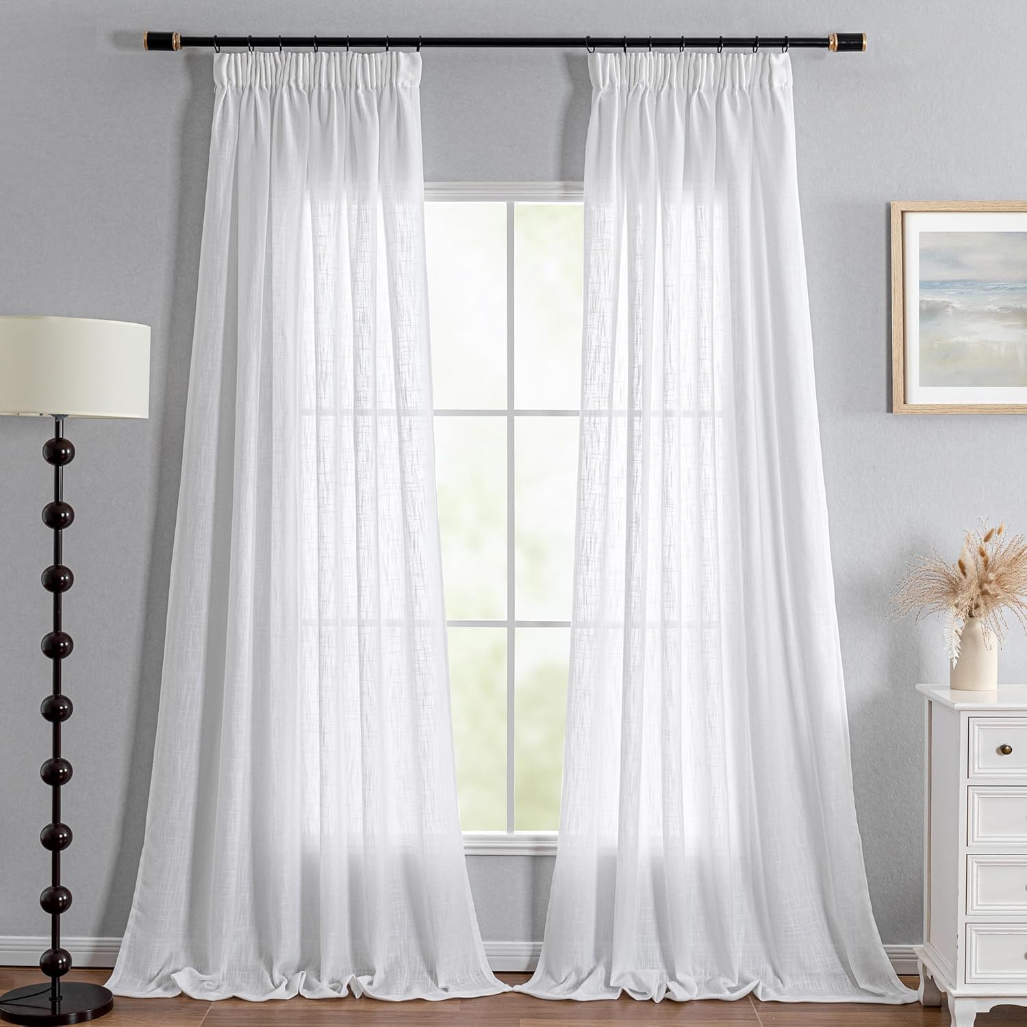 Thumbnail 1 de MYSKY HOME Gardinen Weiß (2er-Set) mit Kräuselband, Halbtransparent & Leinenoptik für Wohnzimmer/Kinderzimmer – H 225 × B 140 cm