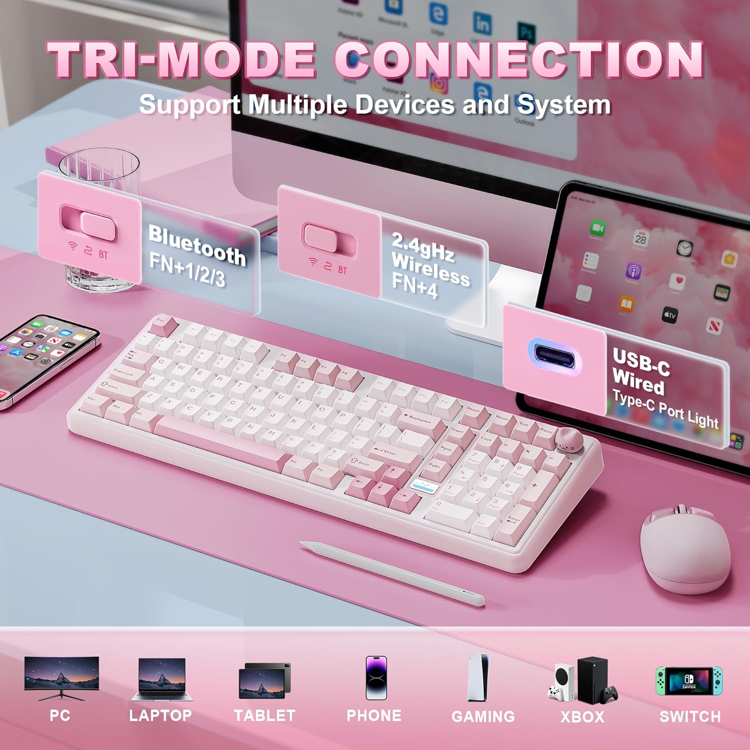 Thumbnail 2 de YUNZII B98 Pro QMK/VIA Wireless Mechanical Gaming Keyboard (96% with Numpad) — BT/2.4G/USB-C, Pink Milk V2 Linear, Cute Cat Knob