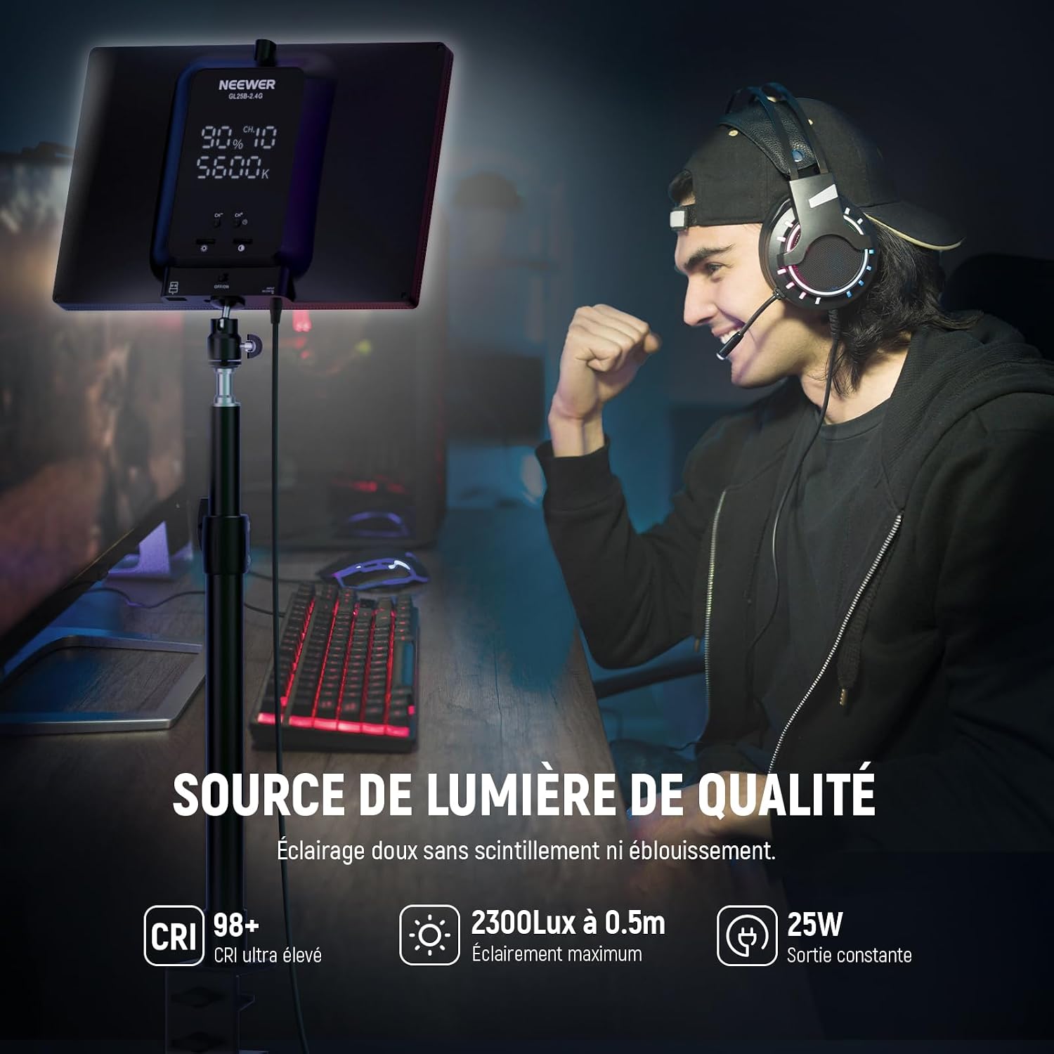 Detalle de NEEWER 25W 12,9” LED avec support de bureau pour webcam (RT 2,4G, contrôle app PC/Mac) — GL25B
