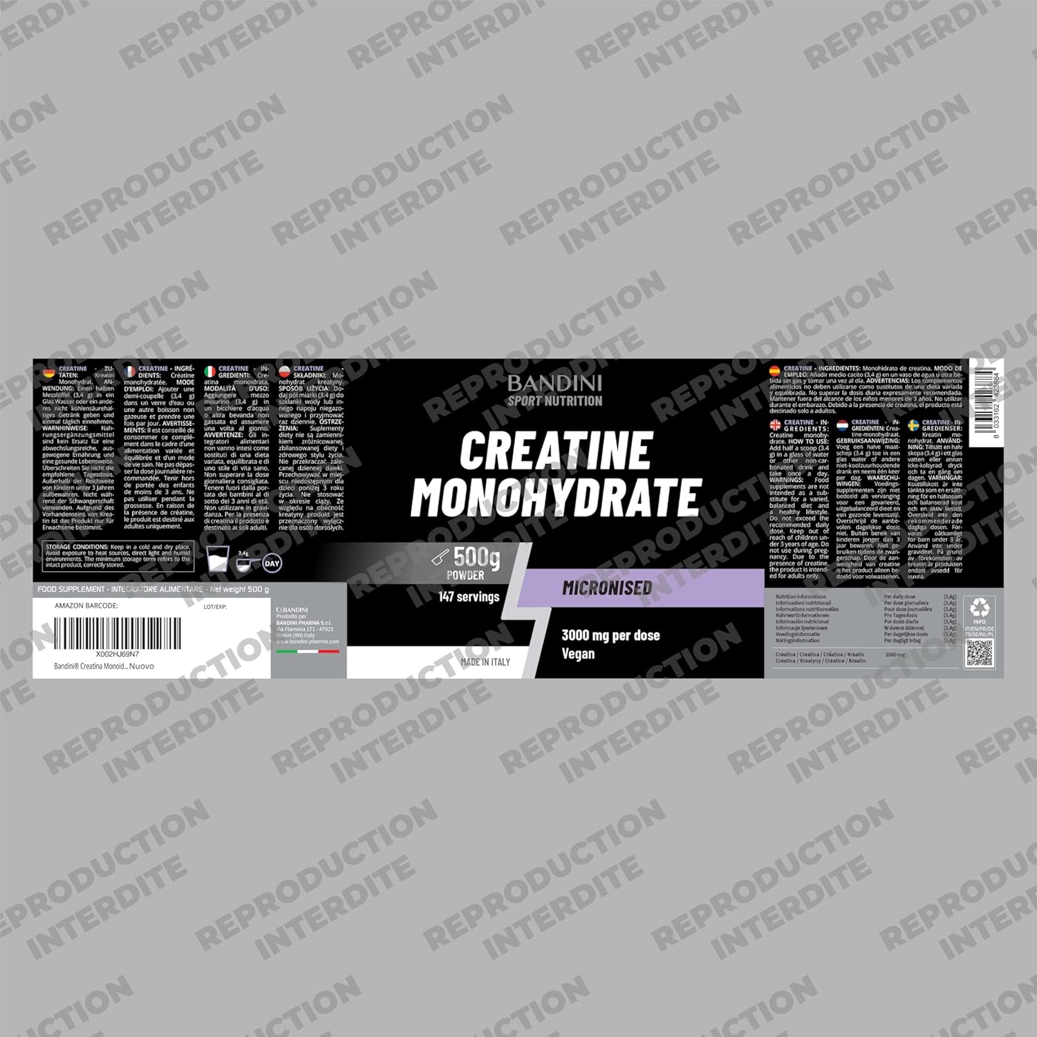 Thumbnail 4 de Bandini Créatine Monohydrate en poudre 500 g (147 portions) – 100% pure, doseur inclus