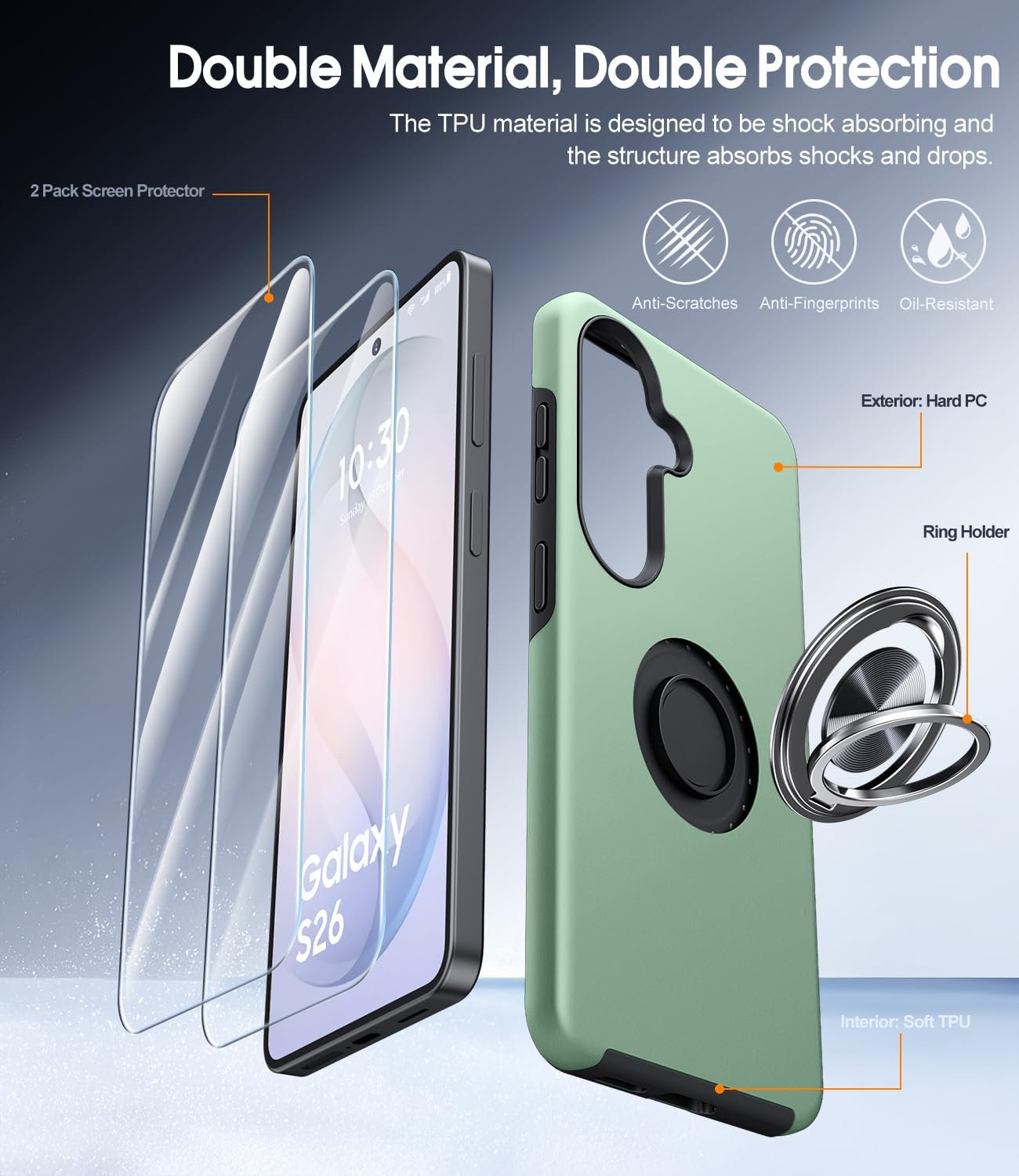 Detalle 2 de AOUIA for Samsung Galaxy S26 Case (Green) with 2-Pack Screen Protectors and 360° Rotating Ring Stand