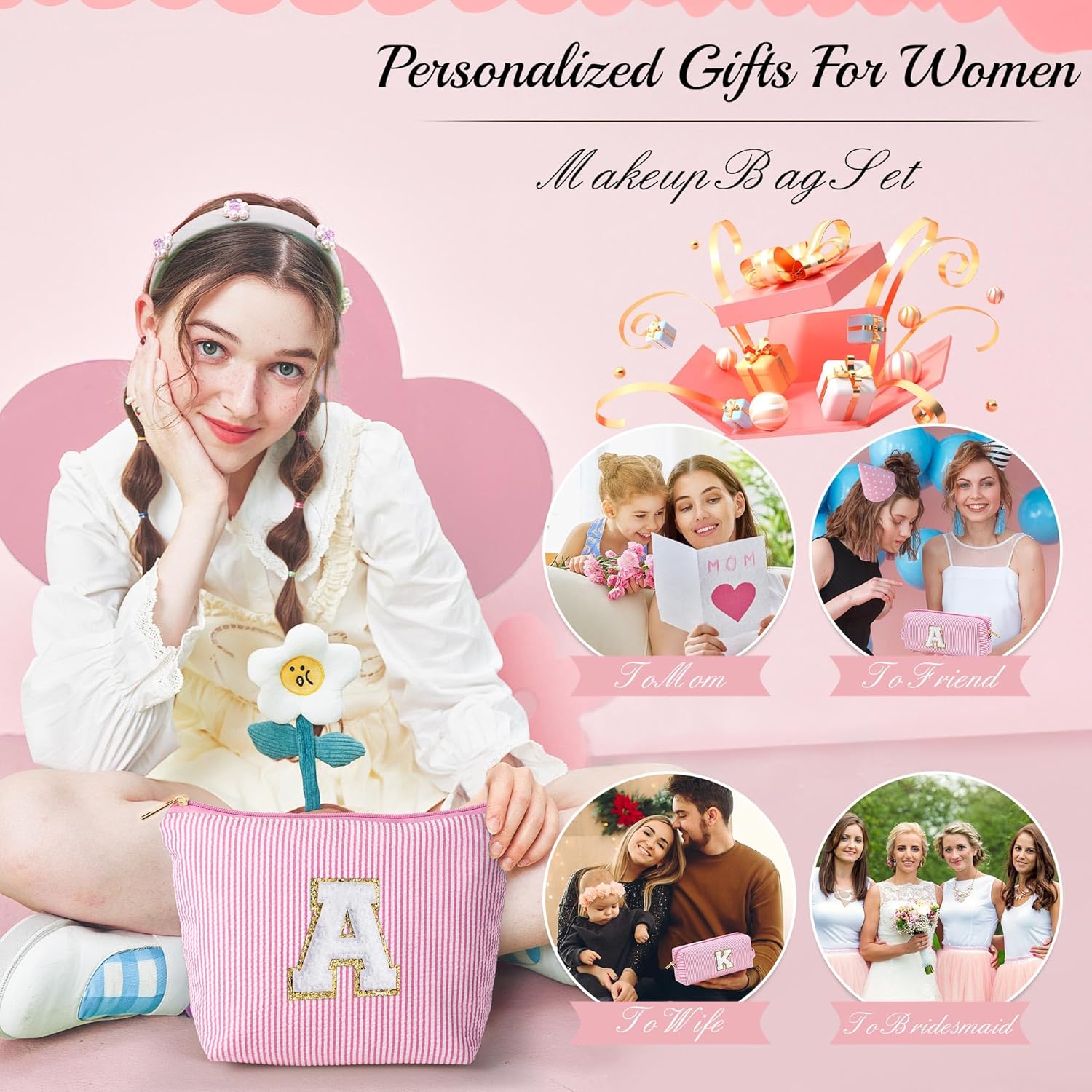 Thumbnail 2 de Parima Preppy Makeup Bag for Women - Personalised Initial Pouch