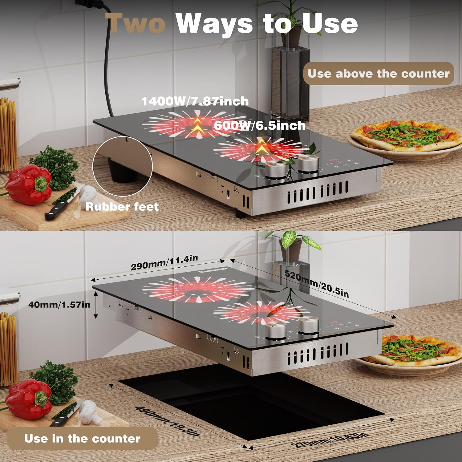 Detalle de Karinear 12-Inch 2-Burner Electric Cooktop, 110–120V Plug-In, Glass-Ceramic
