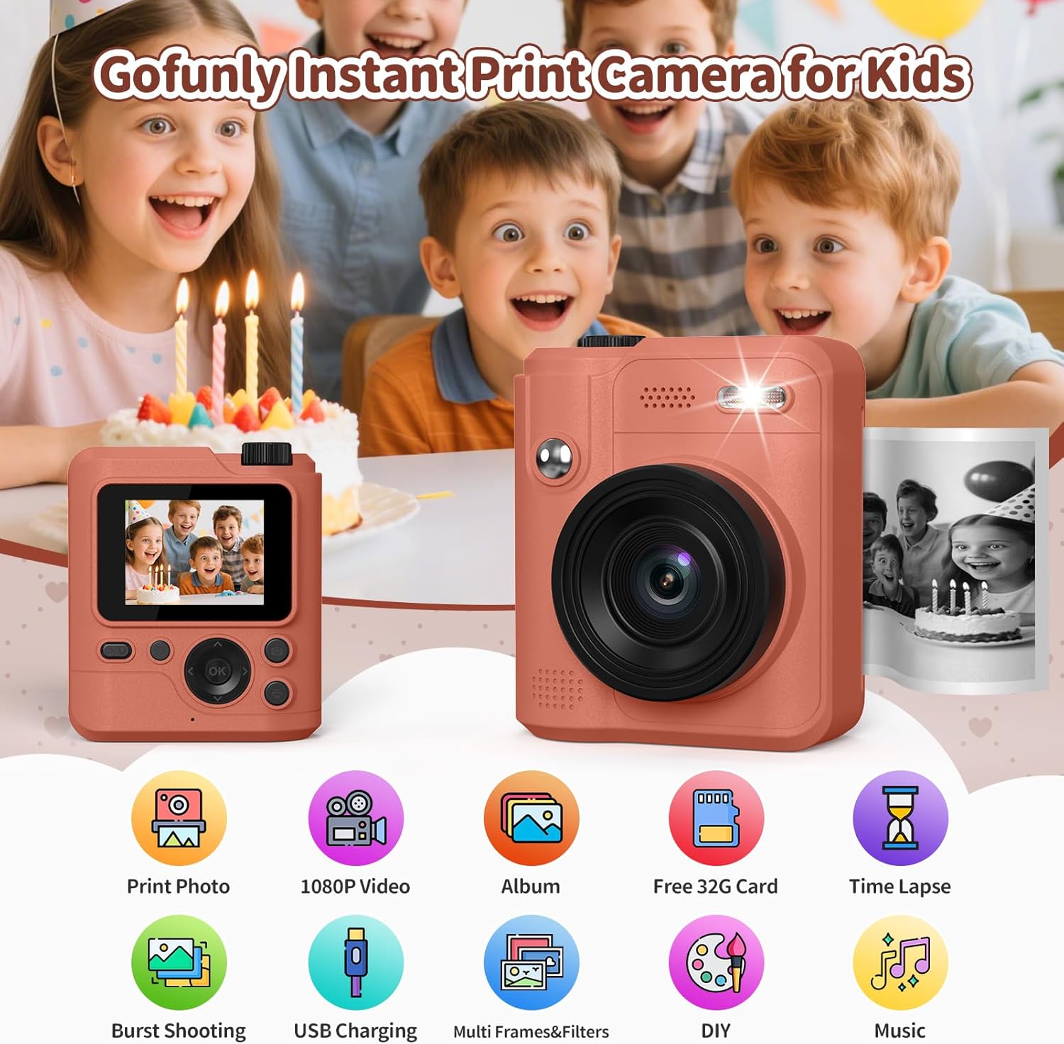 Detalle 2 de Gofunly Sofortbildkamera Kinder mit 1080P, 32 GB Karte & Sofortdruck-Papier (3–12 Jahre)