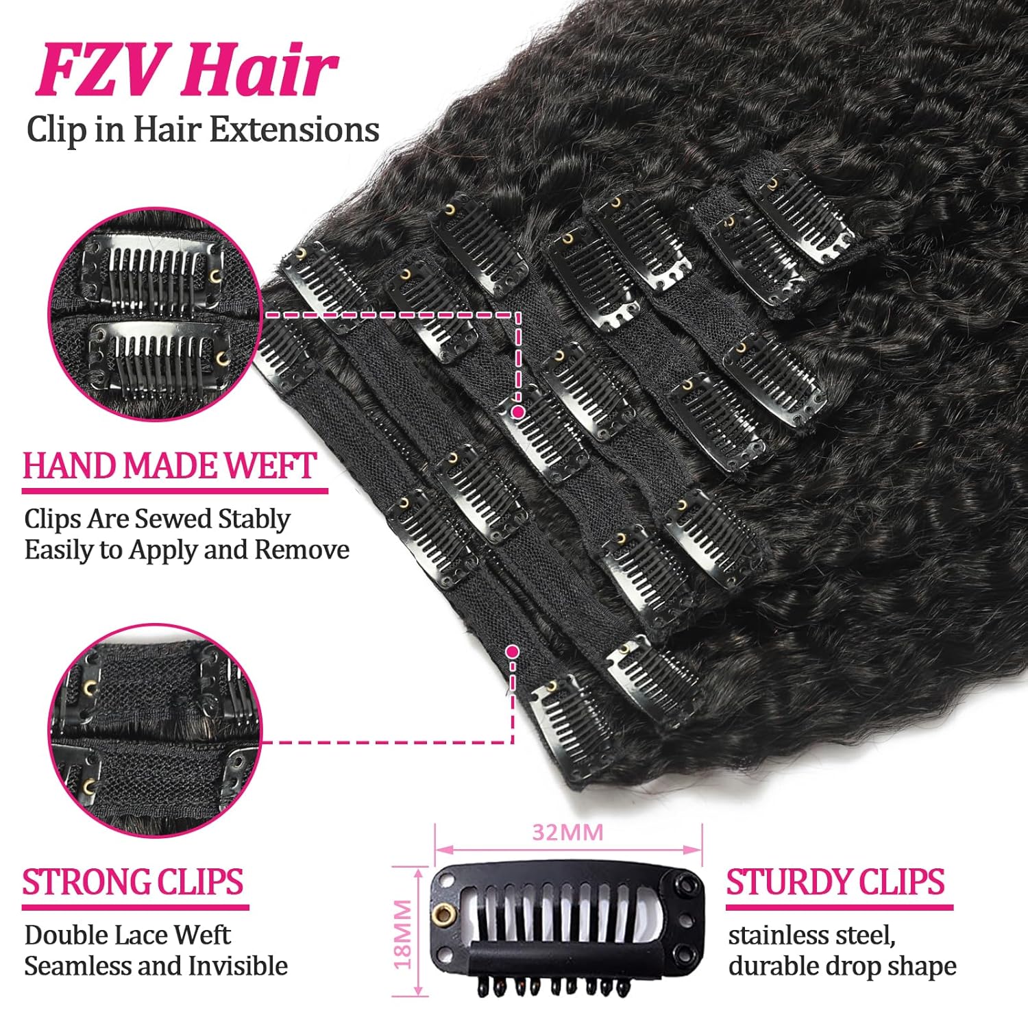 Thumbnail 4 de Clip In Hair Extensions Real Human Hair 20 Inch – 8Pcs 120g Kinky Straight, Brazilian Remy, Full Head