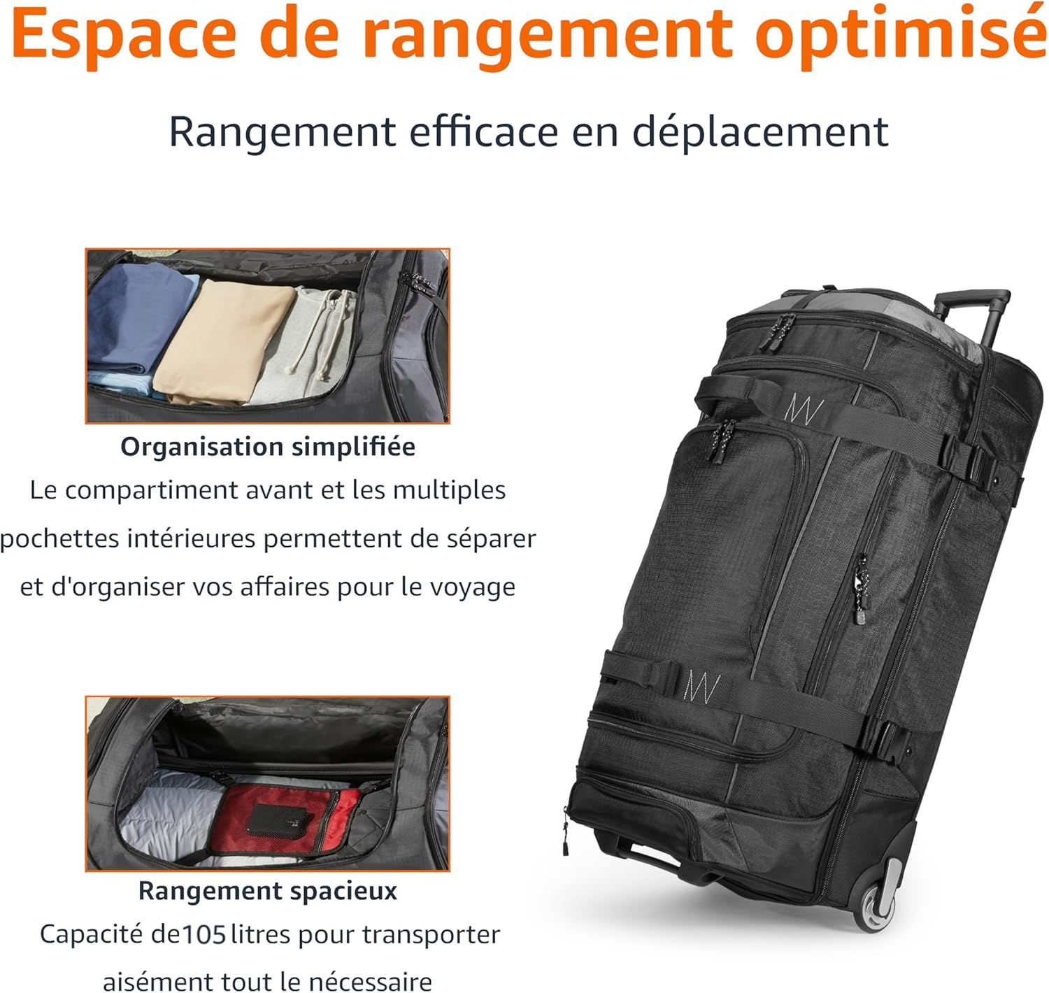 Detalle de Amazon Basics Sac de Voyage à Roulettes 105 L — Léger, durable et polyvalent