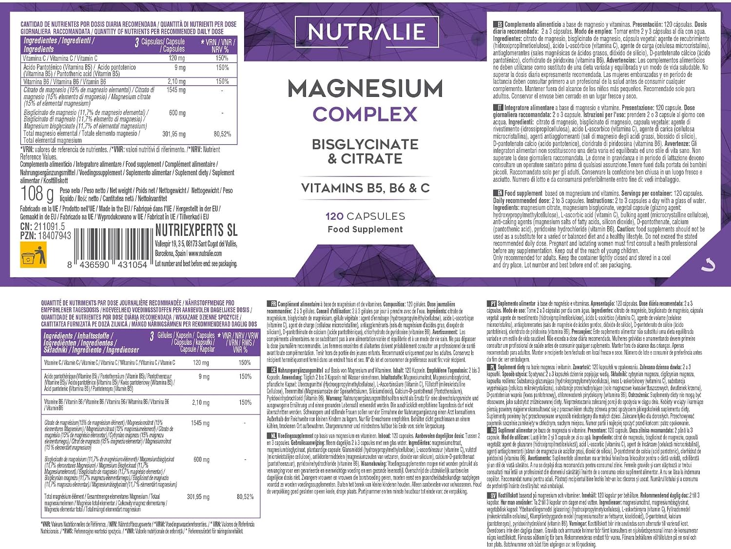 Detalle 2 de Magnesio Bisglicinato + Citrato 2145mg - Vitamine B5, B6 e C - Nutralie, 120 Capsule Vegane