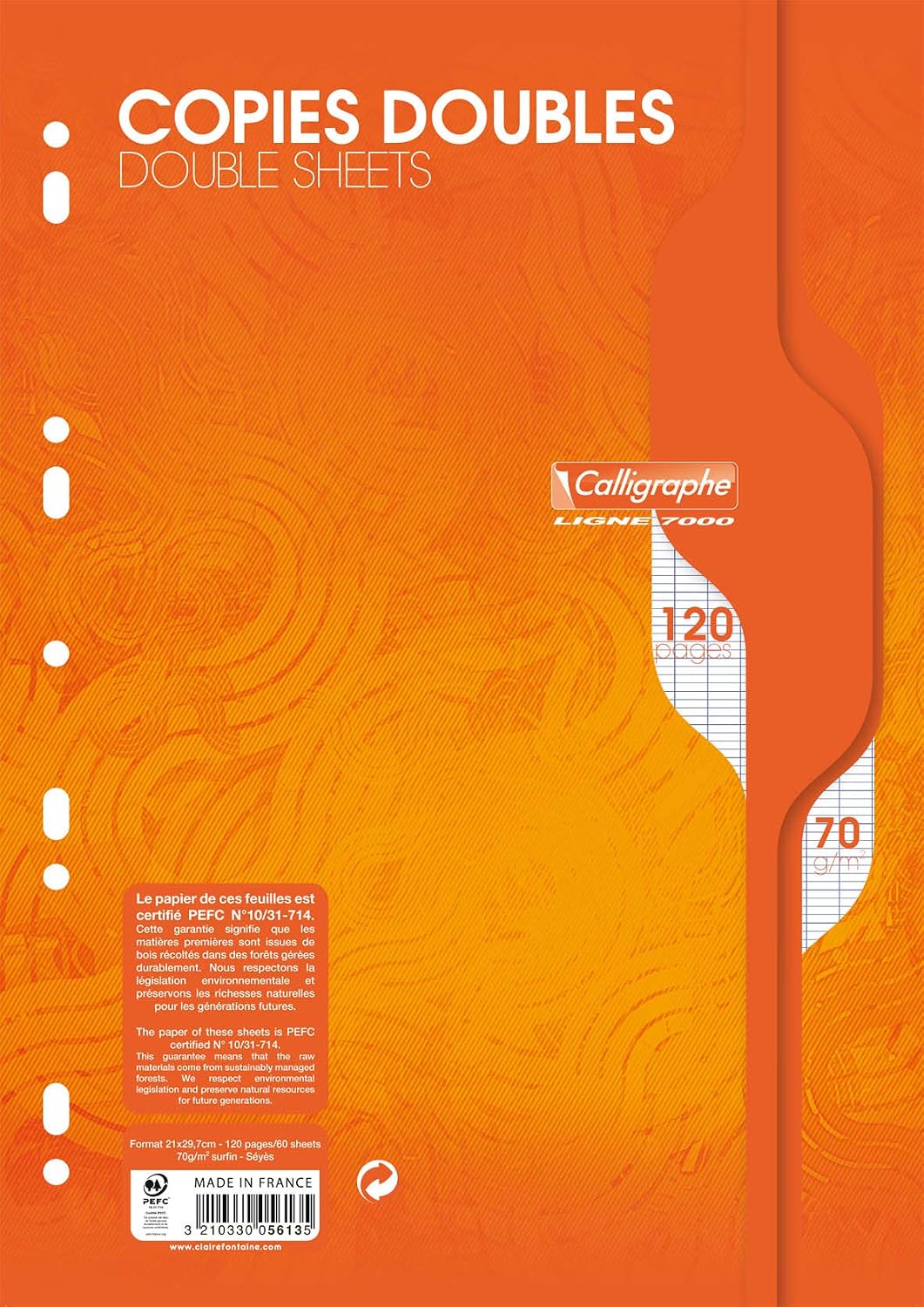 Detalle de Calligraphe 5615AMZC – Lot de 2 Paquets de Copies Doubles Perforées, A4 70 g, Clairefontaine