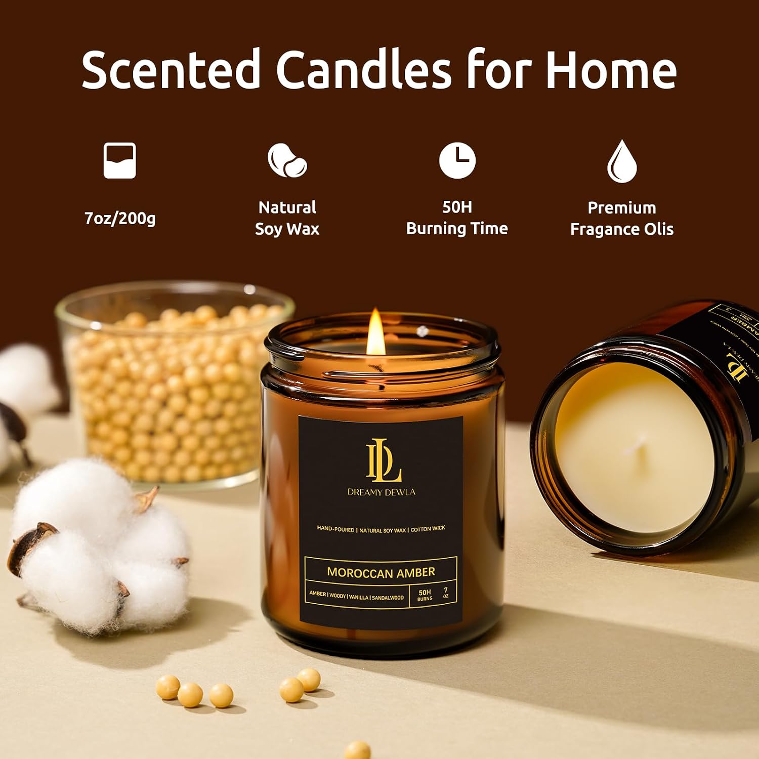 Detalle de DL DREAMY DEWLA Moroccan Amber Soy Wax Candle, 7 oz Glass Jar
