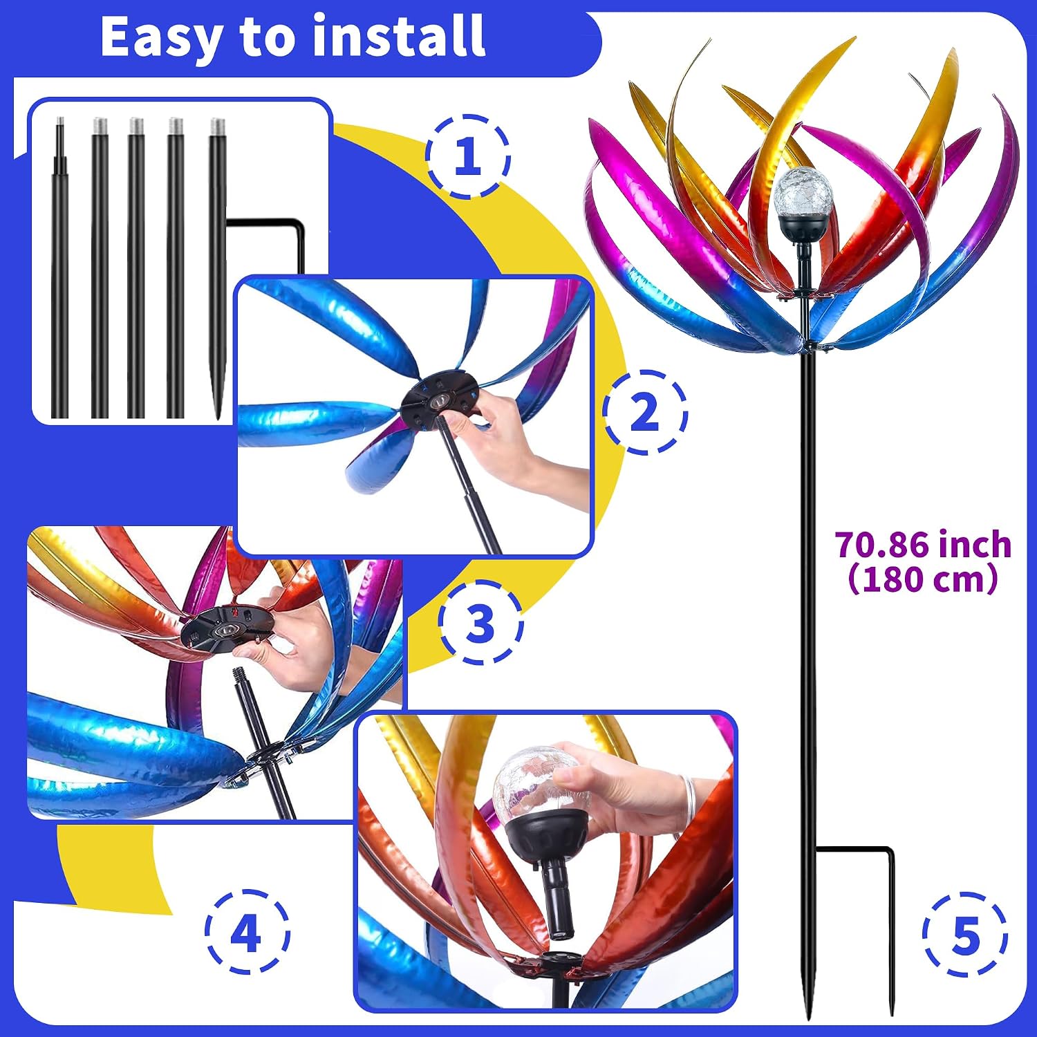 Detalle 2 de RARAXUAN 70 in Large Wind Spinners Outdoor: Solar Tulip Kinetic Yard Art