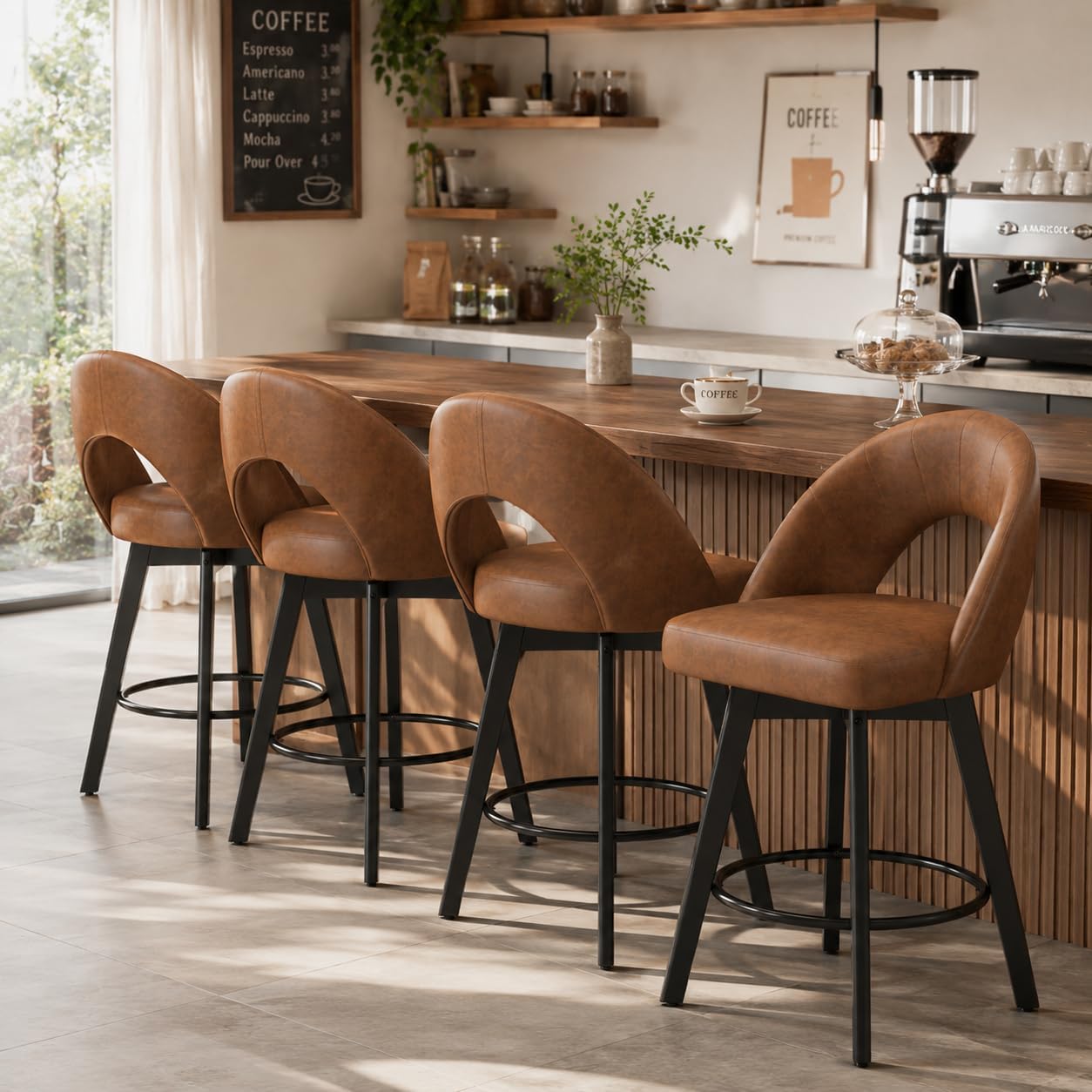 Detalle de YaFiti SJDO_847 Counter-Height Swivel Bar Stools, Set of 2, Light Tan Faux Leather