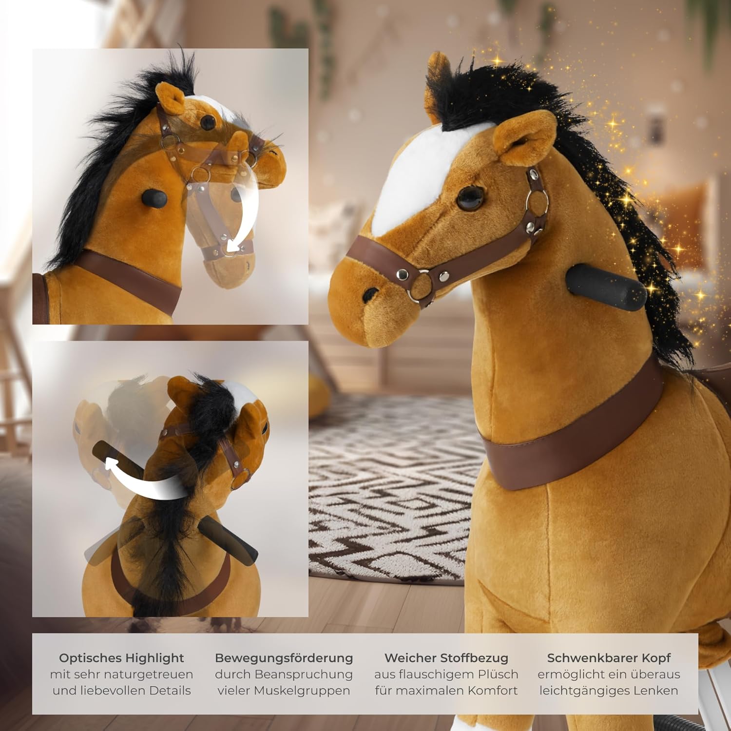 Thumbnail 2 de tectake® Schaukelpferd mit Rollen: Plüsch-Stehpferd zum Draufsitzen & Reiten (29 x 76 x 85 cm)