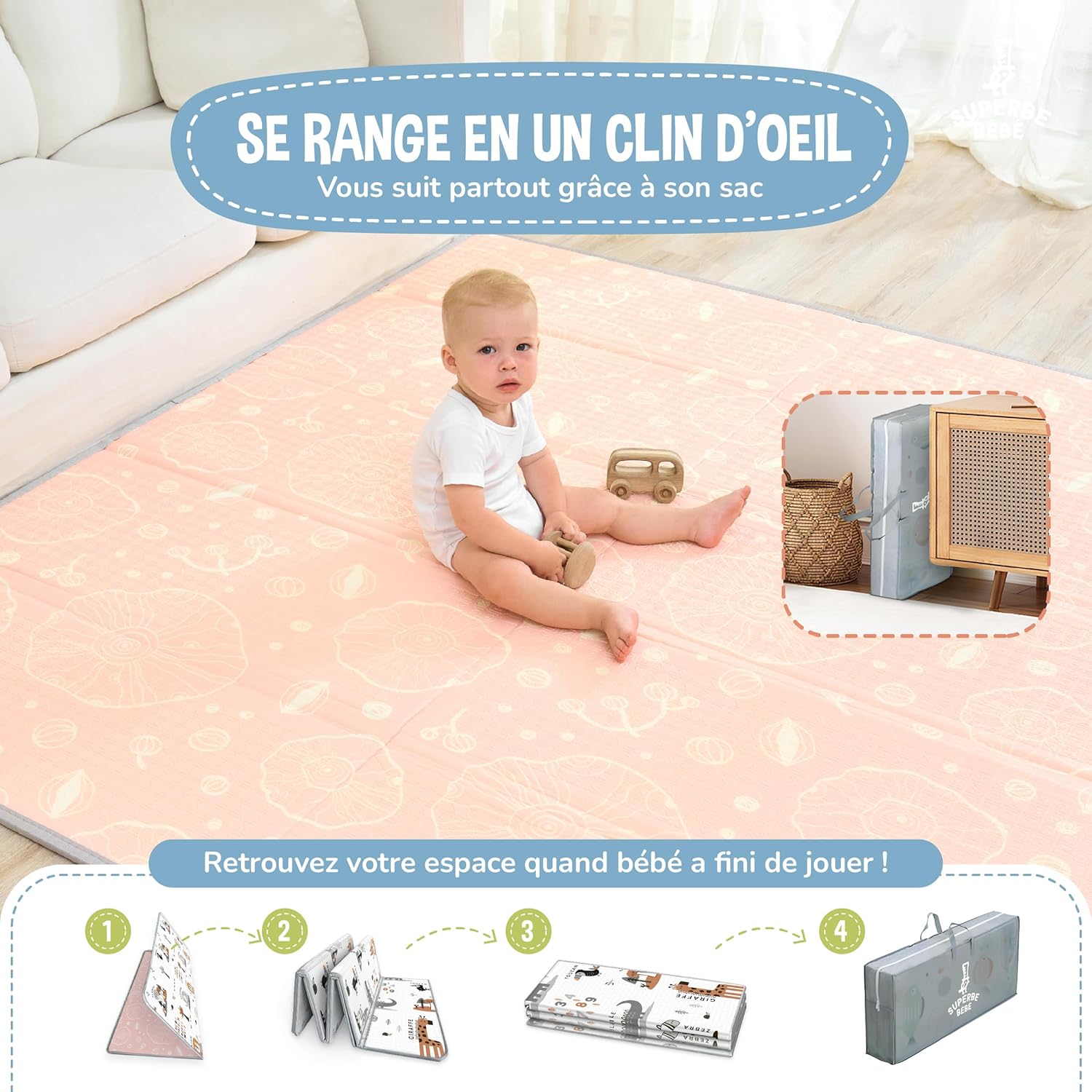 Thumbnail 2 de Tapis d'éveil pour bébé pliable épais réversible 150x180 cm – tapis de jeu Montessori XXL en mousse, antidérapant et lavable