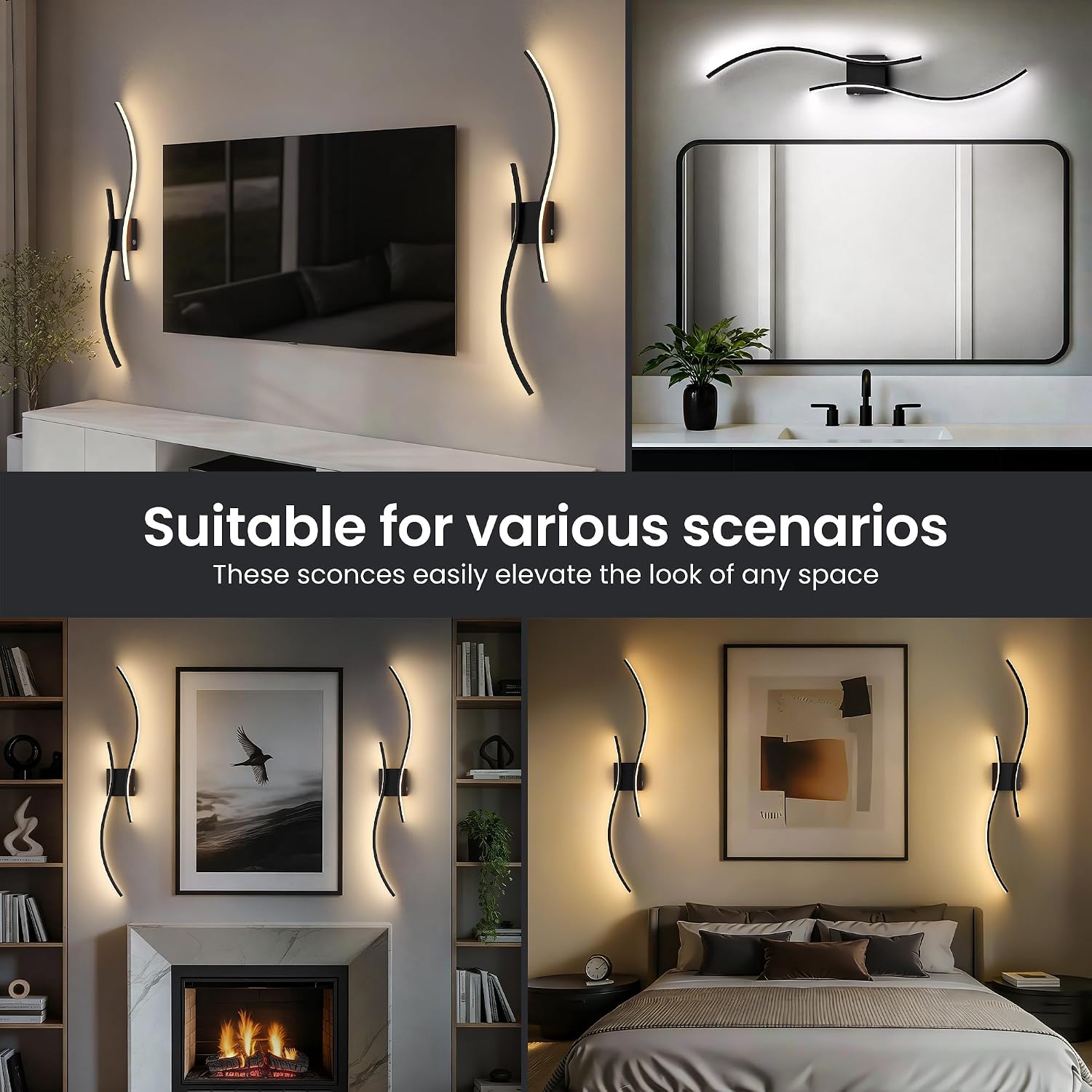 Thumbnail 6 de AUDERWIN 10000mAh Rechargeable Wall Sconces, Set of 2, Black, 3CCT
