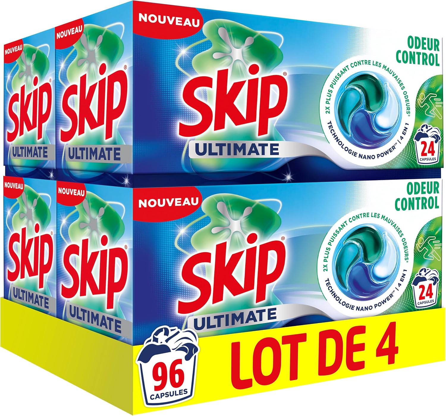 Detalle de Skip Lessive Capsules Ultimate 4en1 Odeur Control – Dissolution à froid et bouclier anti-odeur (96 lavages, 4x24)