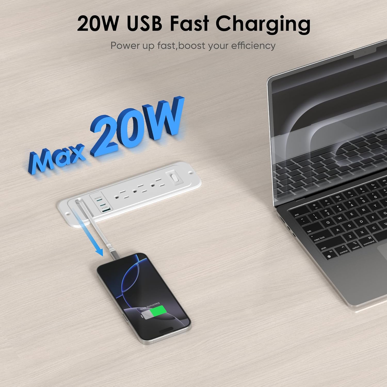 Detalle 2 de HEZI Drawer Outlet with 20W PD USB-C Retractable Cable