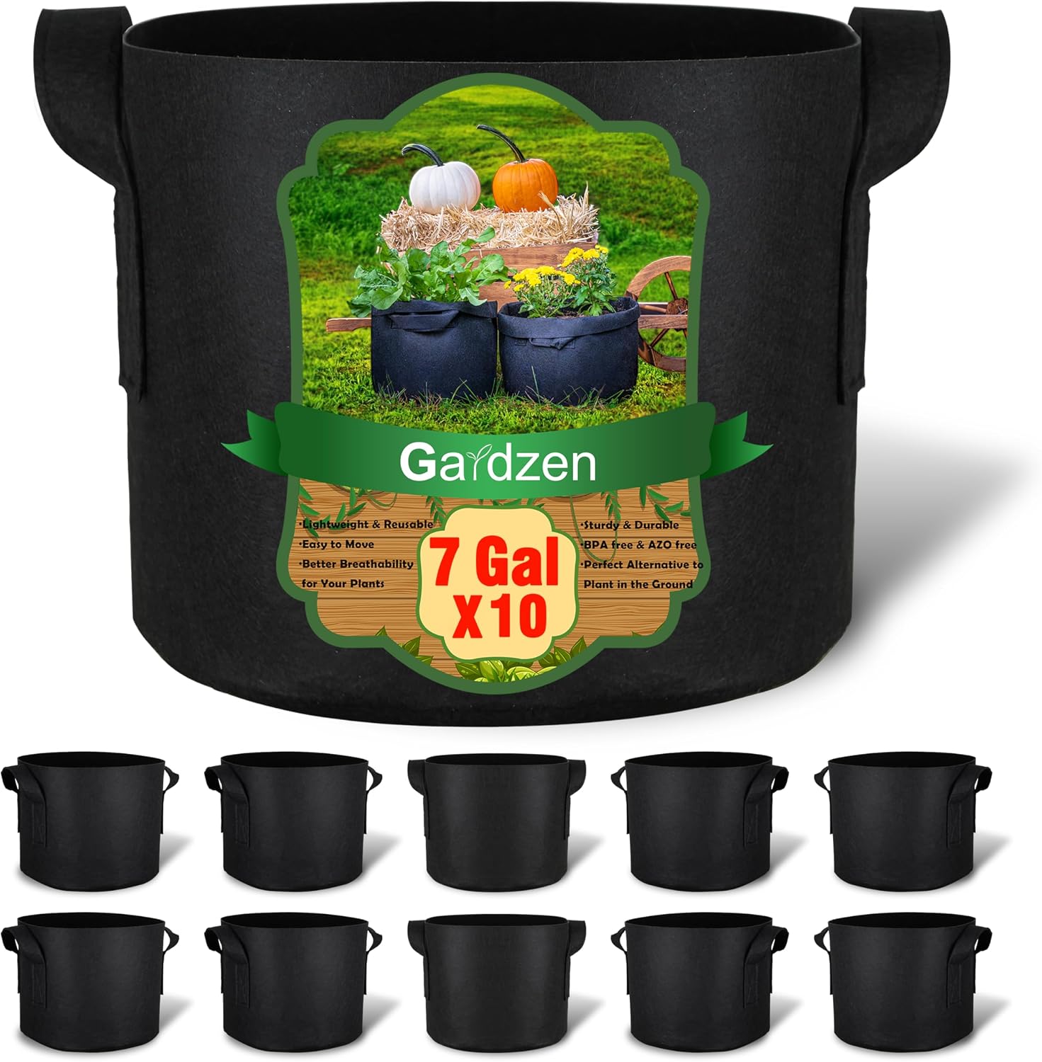 Detalle de Gardzen GGB-7G 10-Pack 7-Gallon Fabric Grow Bags with Reinforced Handles