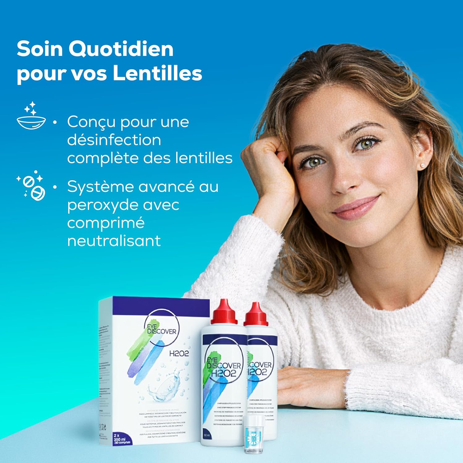Thumbnail 6 de EYE DISCOVER Solution au peroxyde pour lentilles – nettoyage en profondeur, sans conservateurs (2 x 350 ml + 90 comprimés neutralisants avec étui)