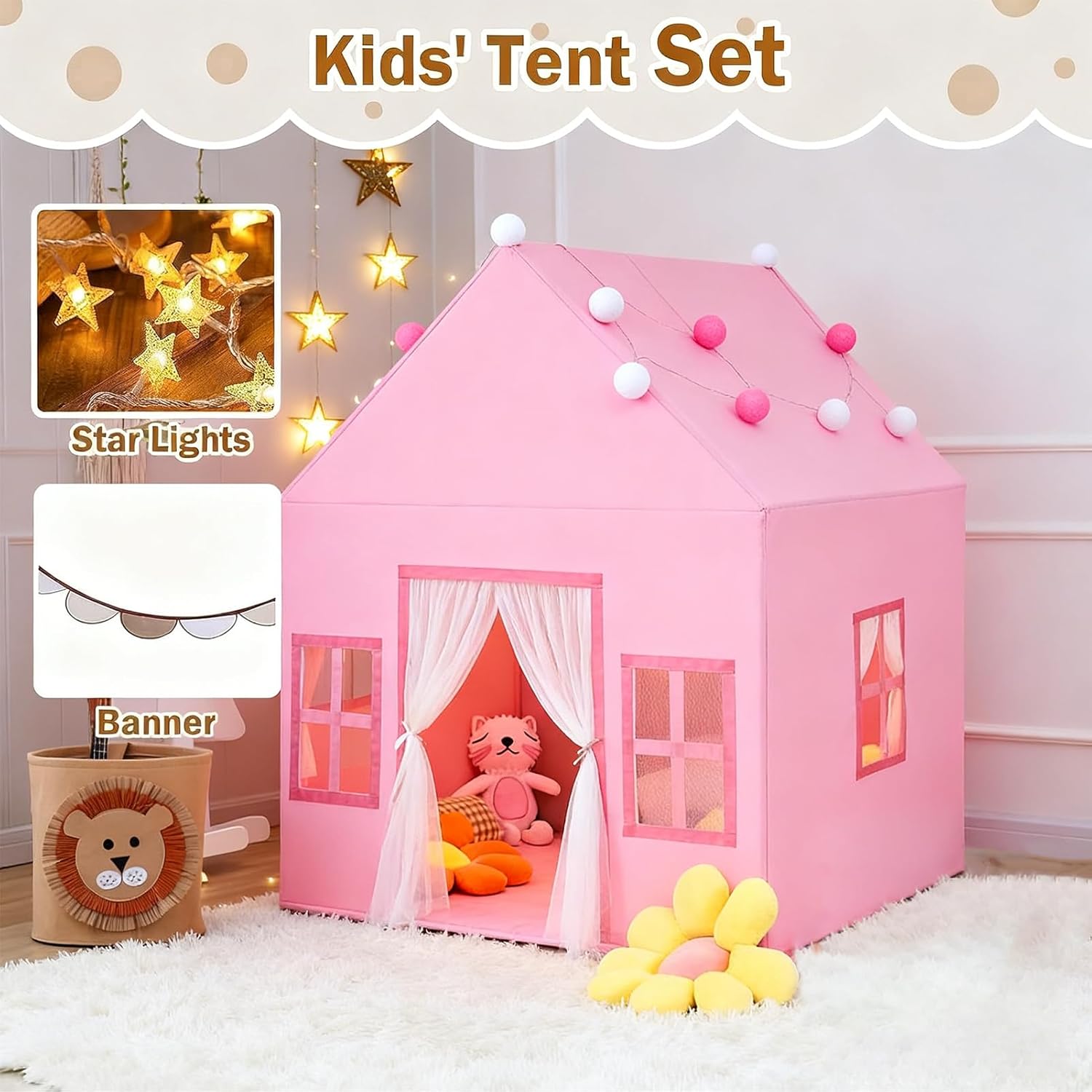 Detalle de Large Kids Tent Playhouse: 2-in-1 Play Tent with Padded Mat, Lights & Flags