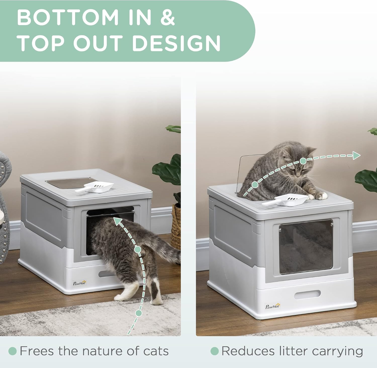 Thumbnail 3 de PawHut Cat Litter Tray with Hood – Enclosed Litter Box with Front Entry, Scoop and Foldable Design