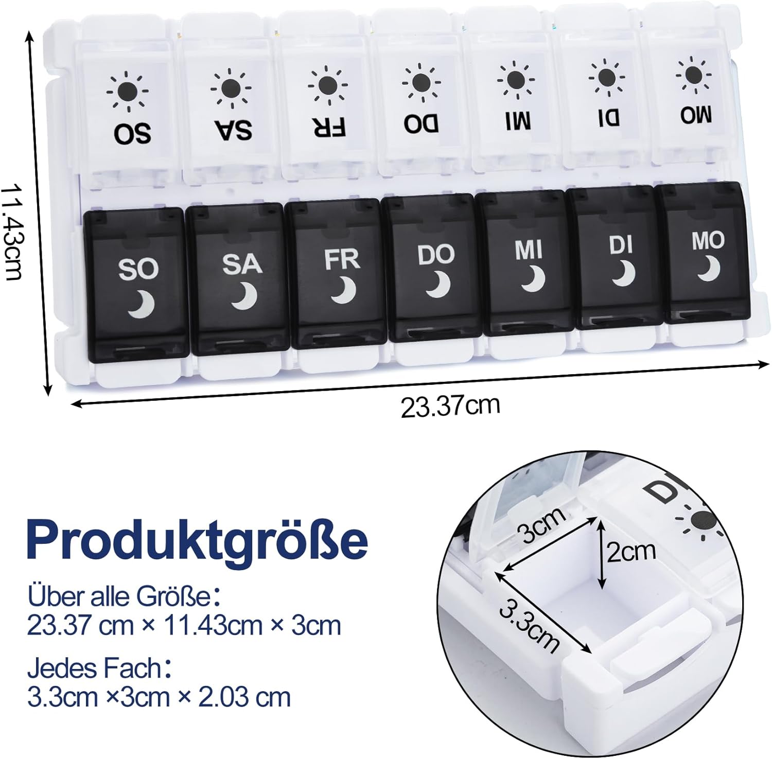Detalle de Tablettenbox 7 Tage mit 14 Fächern (2 pro Tag) für morgens/abends – Druckknopf-Design, BPA-frei