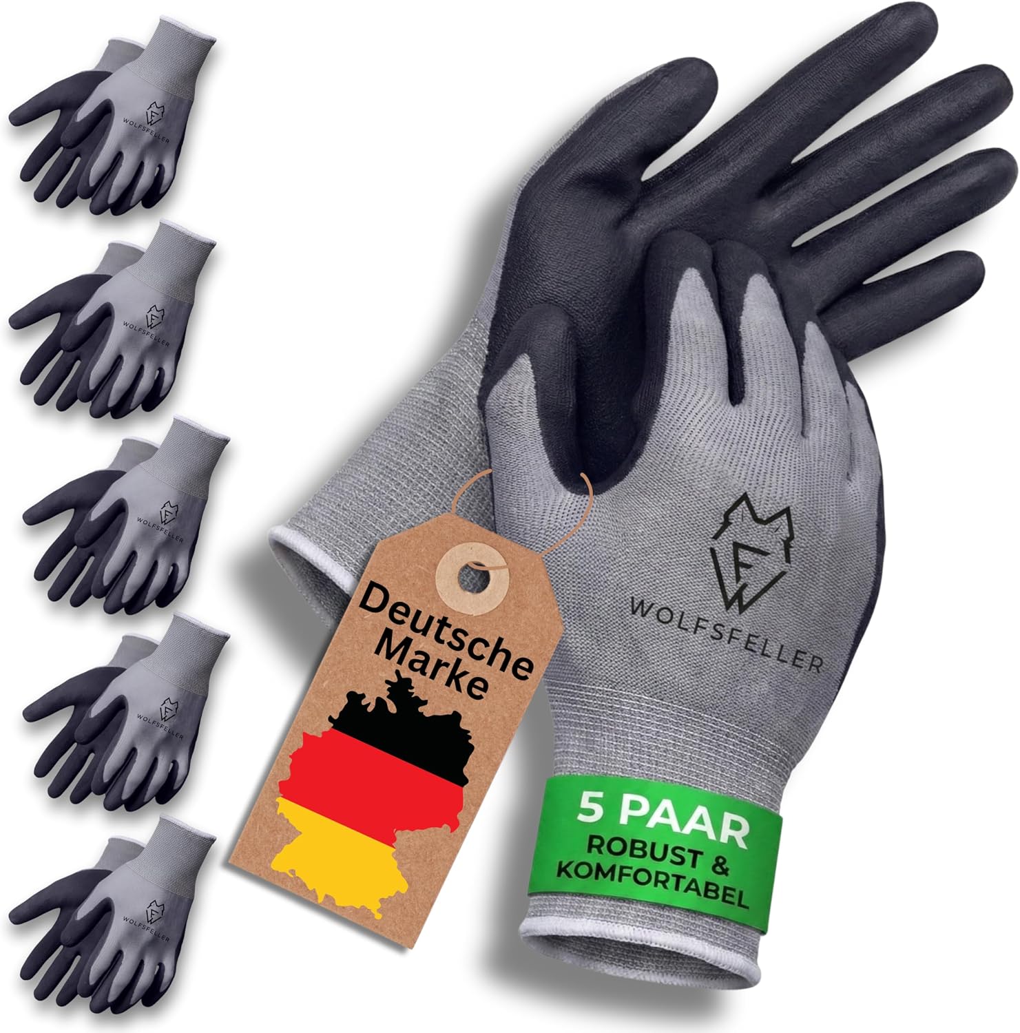WOLFSFELLER Premium Arbeitshandschuhe Herren Gr 10 – 5 Paar leistungsstarke Montage-Handschuhe mit langlebiger Nitril-Beschichtung