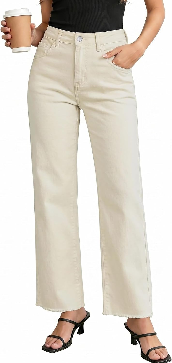 Detalle de GRAPENT Women's High-Waisted Straight Leg Jeans with Frayed Hem