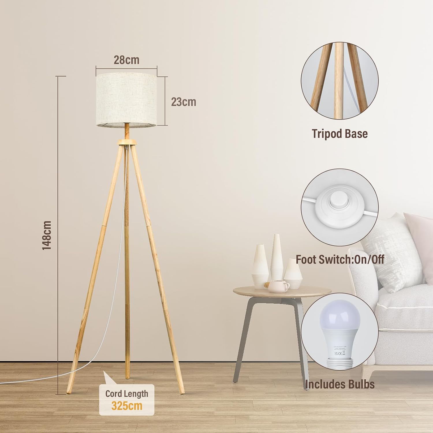 Detalle de NIKYJM Lámpara de Pie Trípode de Madera con Bombilla E27 12W: 3 Colores y Control Remoto