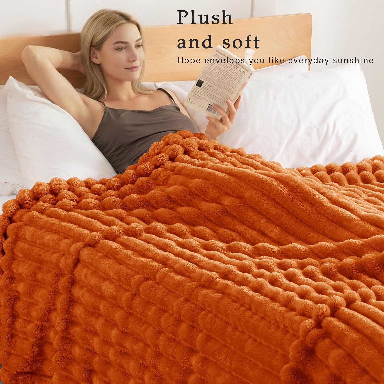 Detalle de Exclusive Mix Queen Size Flannel Fleece Blanket with Striped Jacquard – 230x230 cm, Burnt Orange