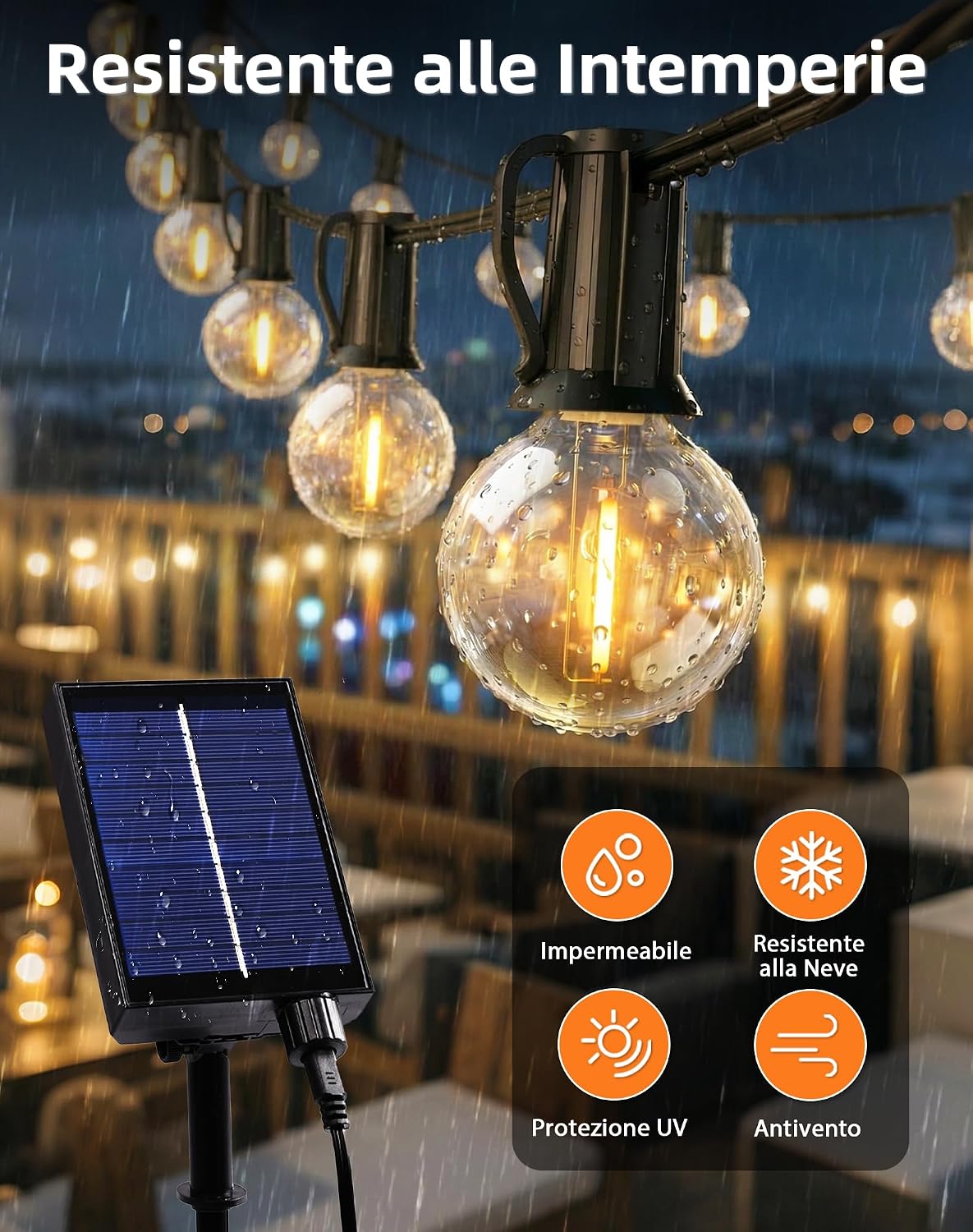 Detalle de Rovlak Catena Luminosa Esterno Solare 10M con 15+1 LED G40 – 8 modalità, controllo luminosità e ricarica USB
