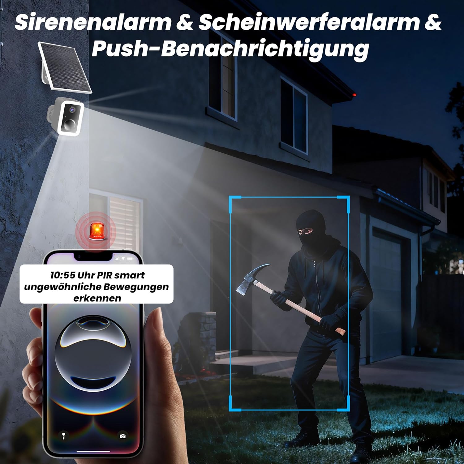 Detalle de Funstorm 2K Außen-Überwachungskamera mit Akku, Solar und Dual-Band WLAN – 2-Wege-Audio, PIR, Sirene, Flutlicht, IP66